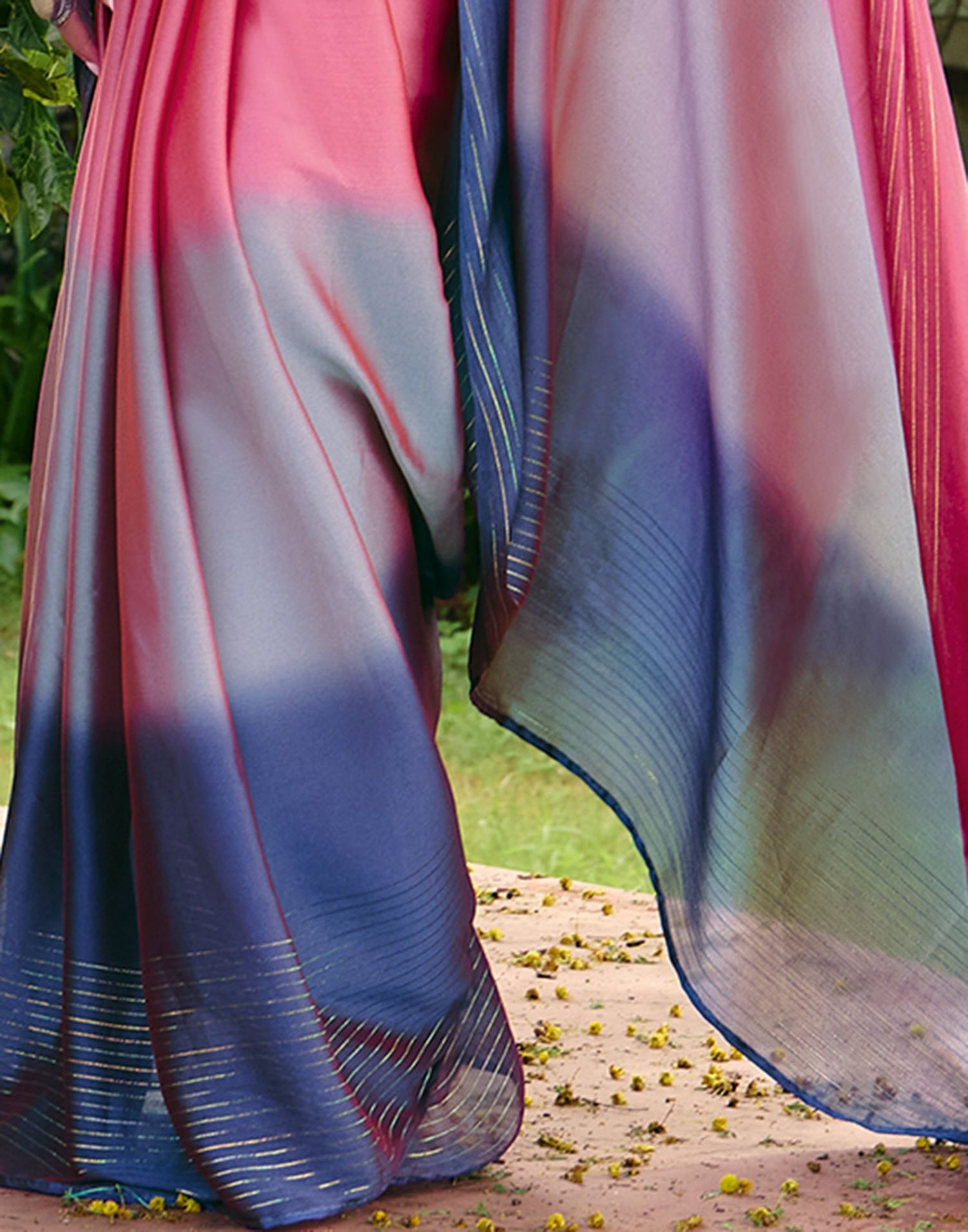 Coral Pink Chiffon Zari Stripe Saree