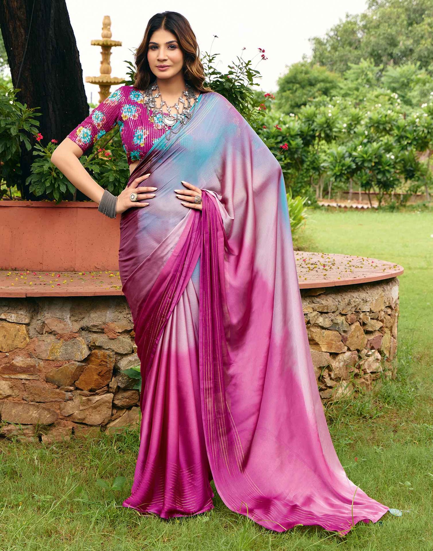 Rani Pink Chiffon Zari Stripe Saree