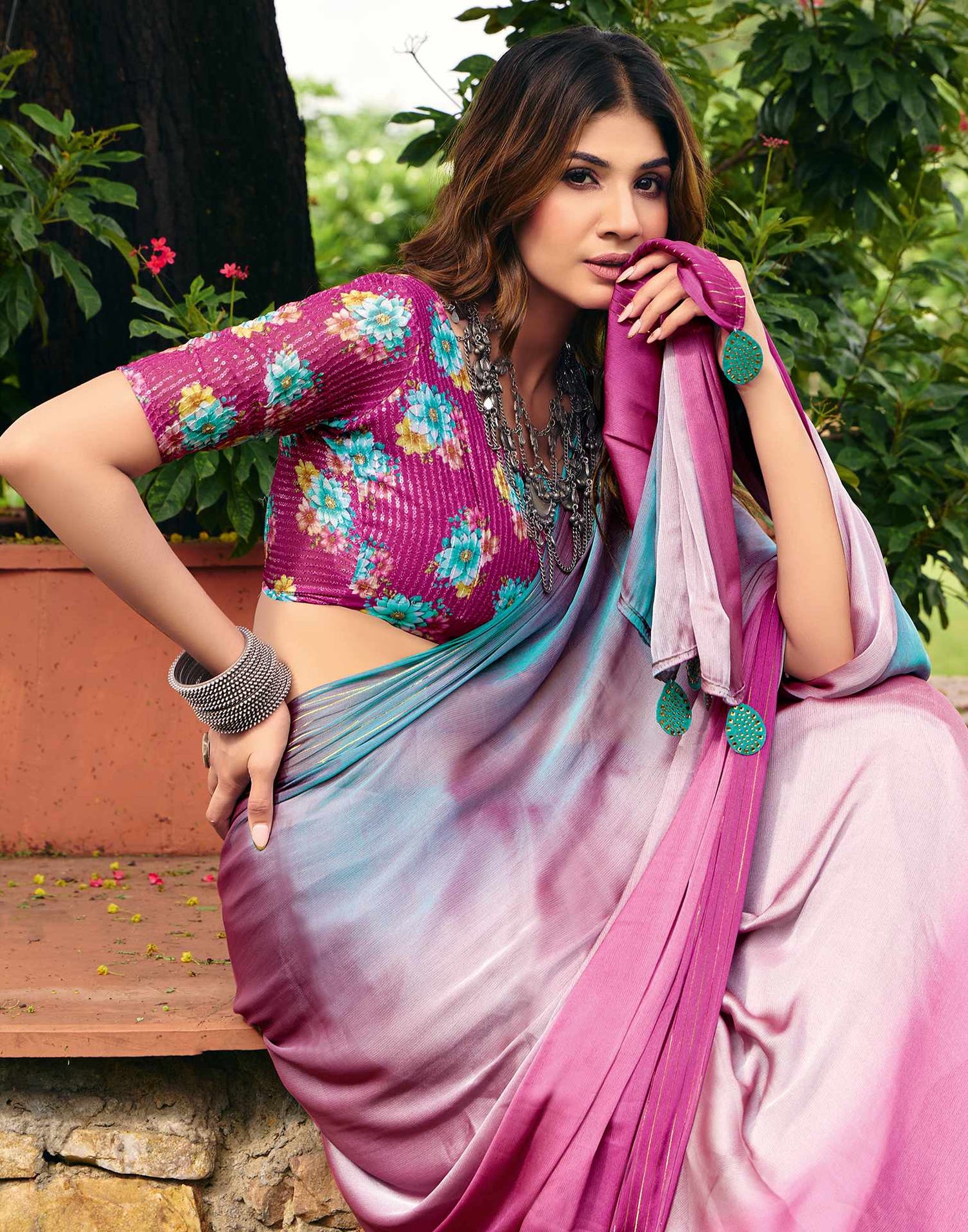 Rani Pink Chiffon Zari Stripe Saree
