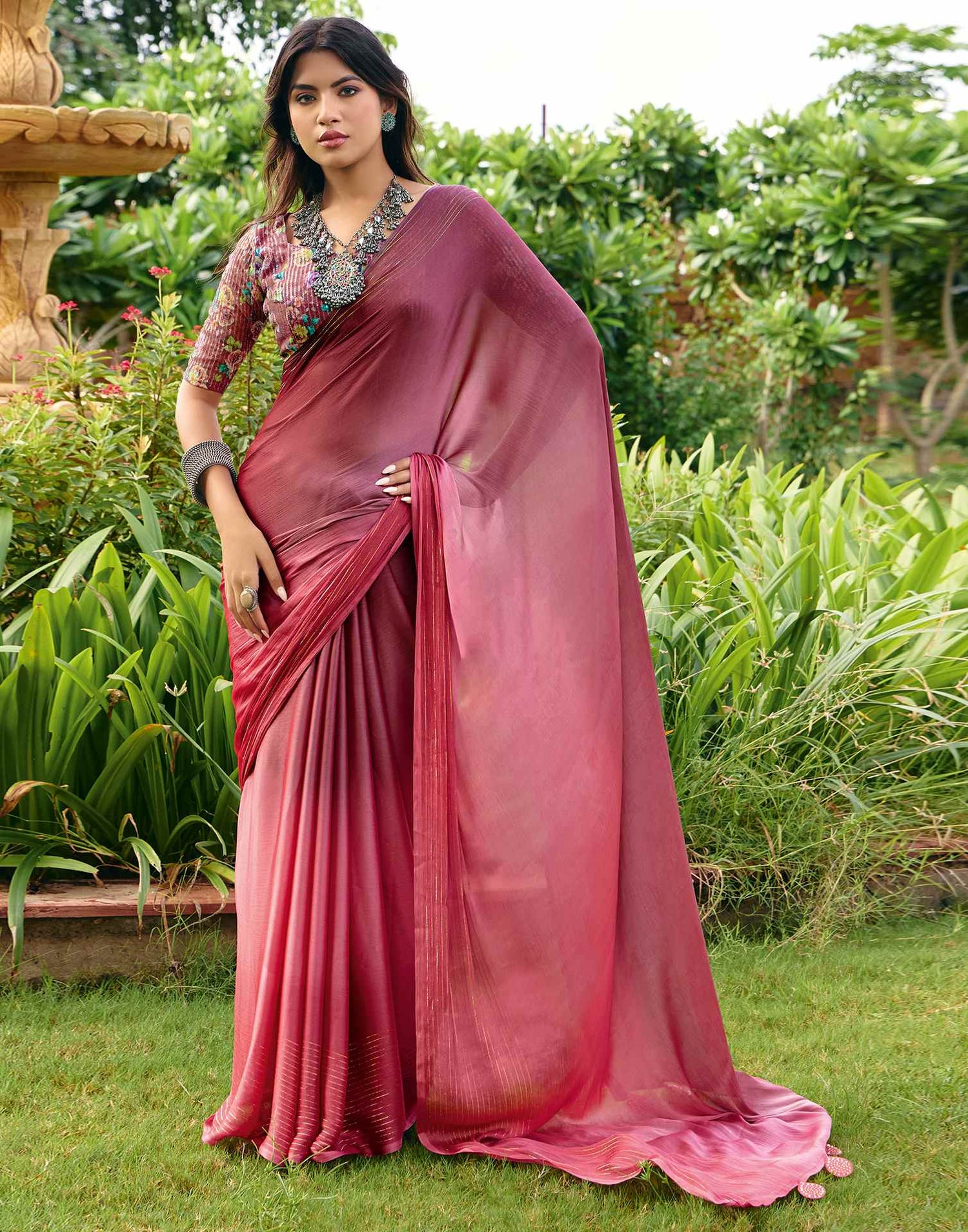 Dusty Coral Pink Chiffon Zari Stripe Saree