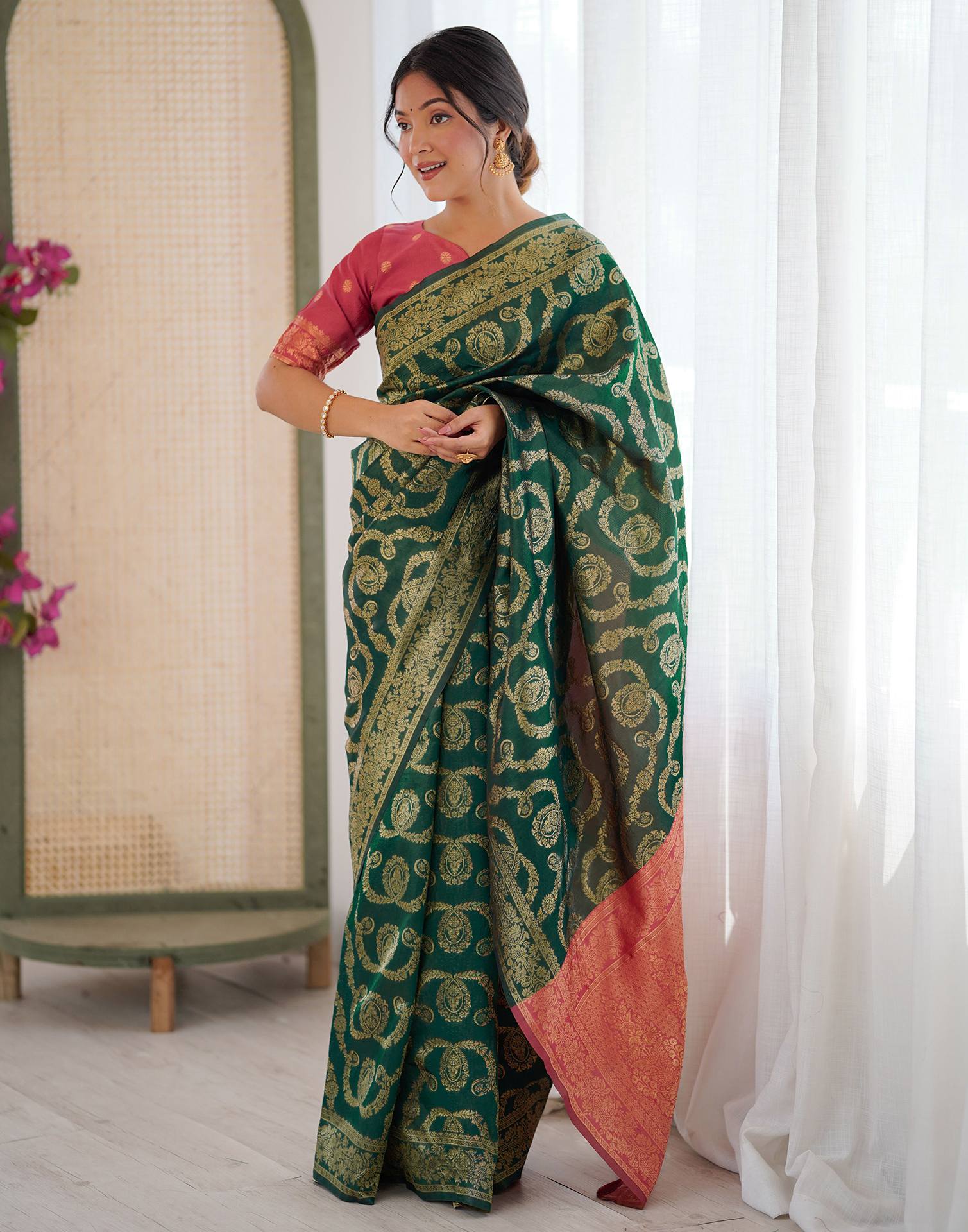 Dark Green Silk Woven Saree
