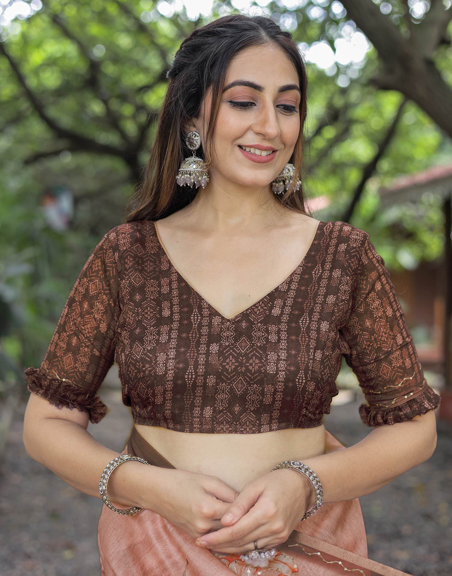 Brown Cotton Floral Printed Saree