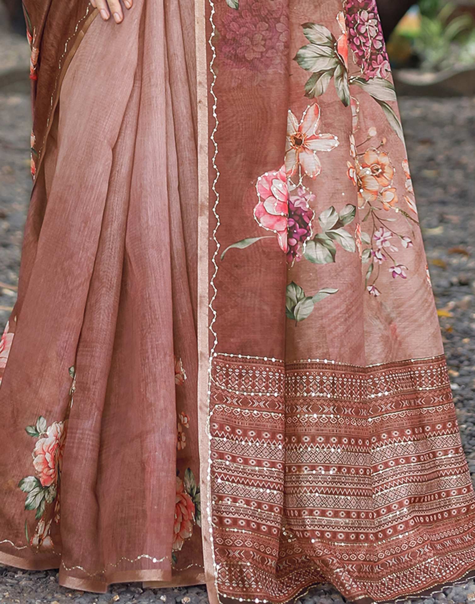 Brown Cotton Floral Printed Saree