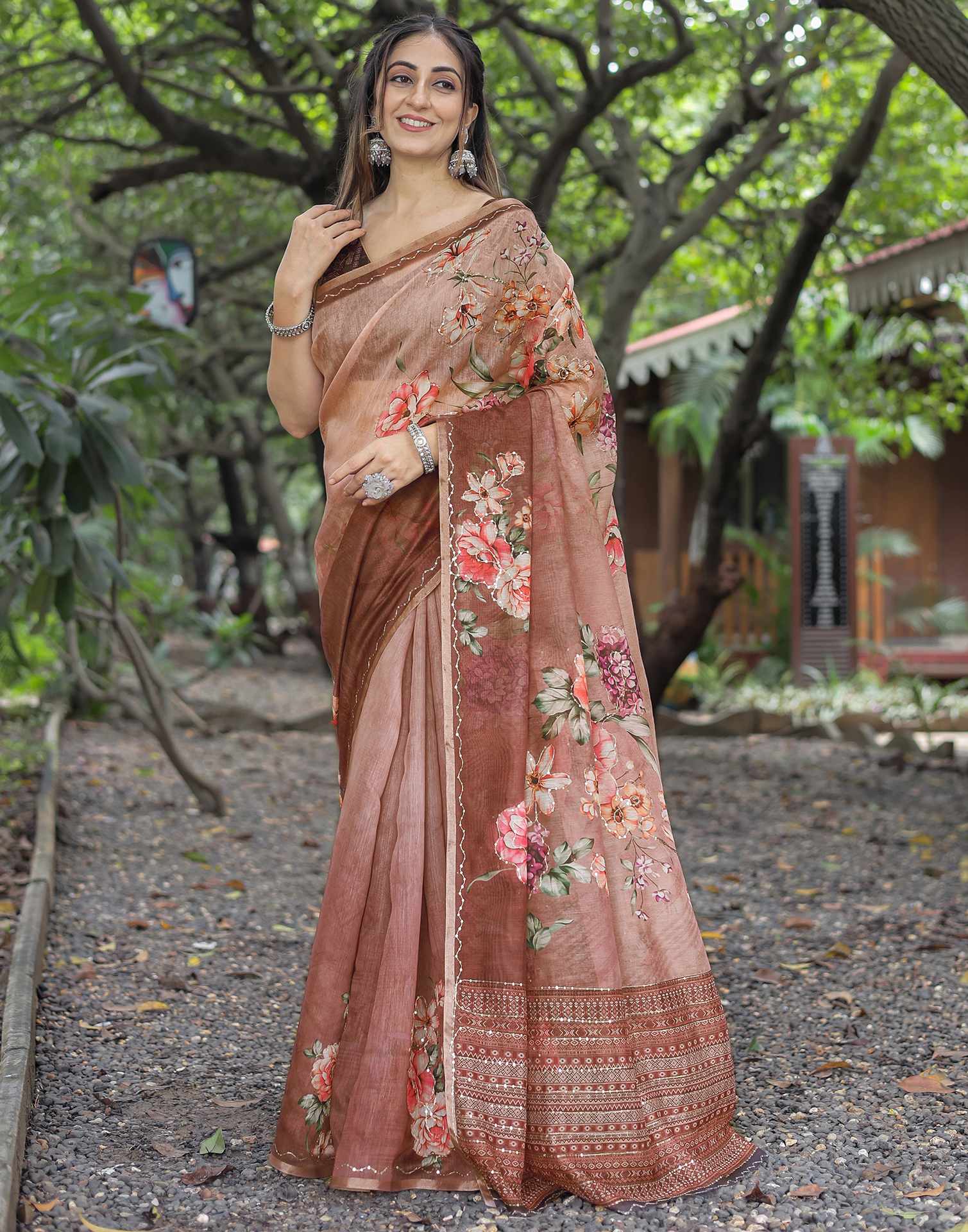 Brown Cotton Floral Printed Saree