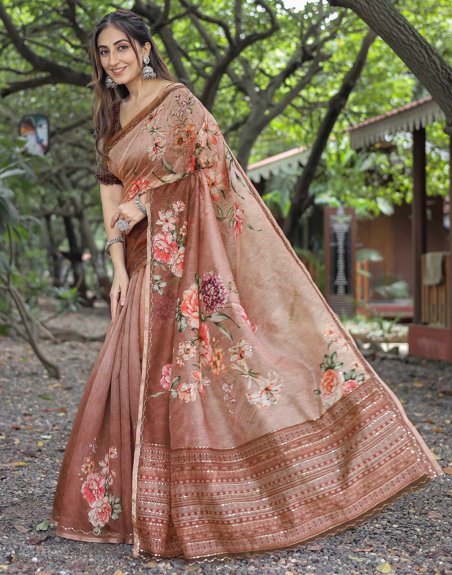 Brown Cotton Floral Printed Saree