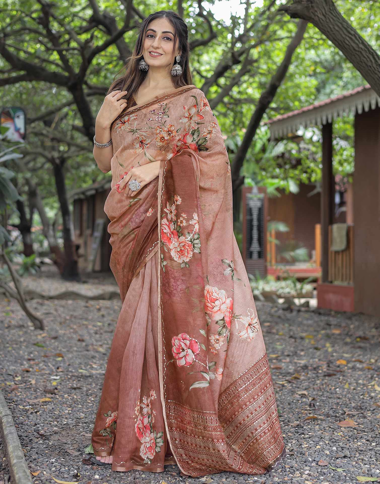 Brown Cotton Floral Printed Saree