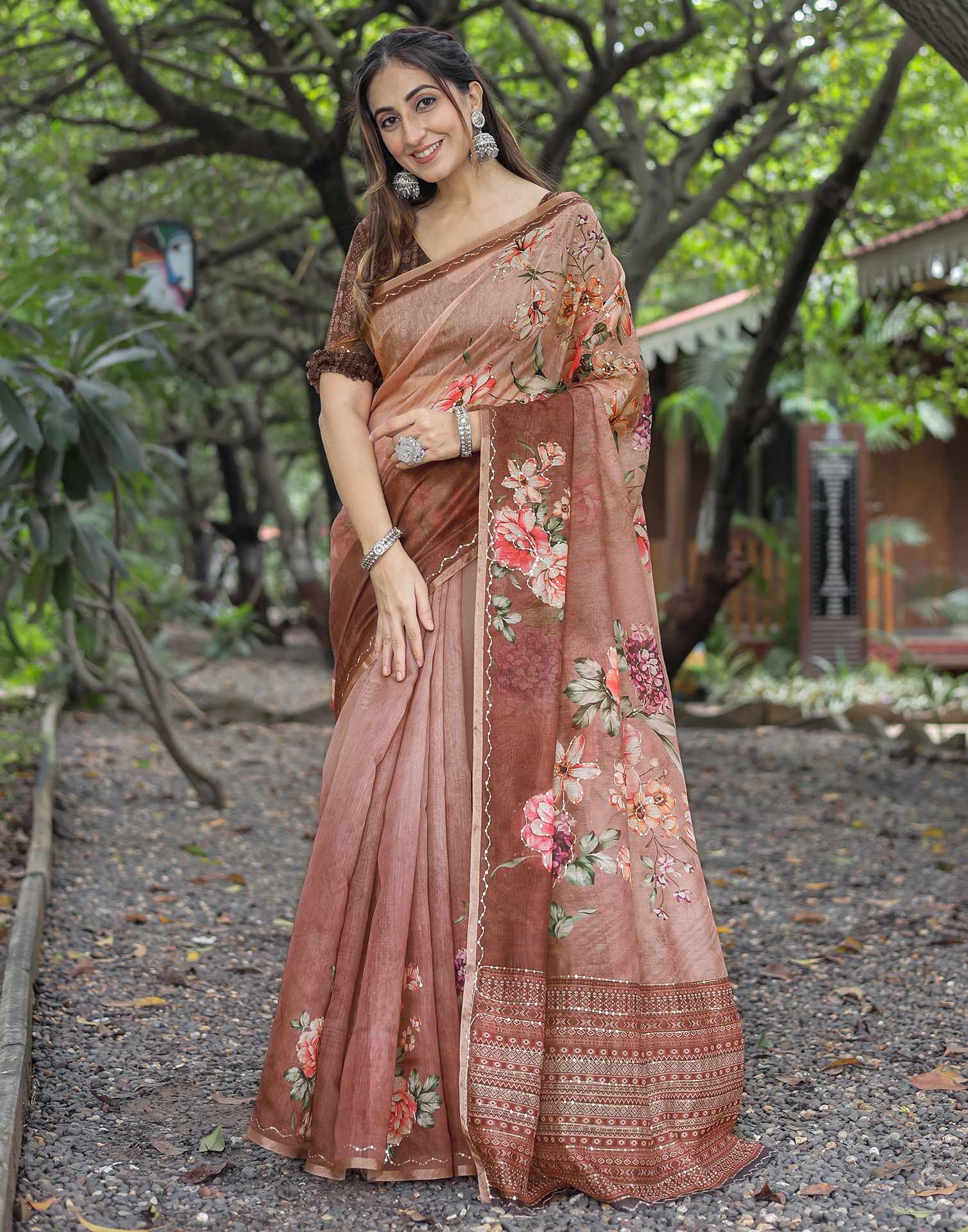 Brown Cotton Floral Printed Saree