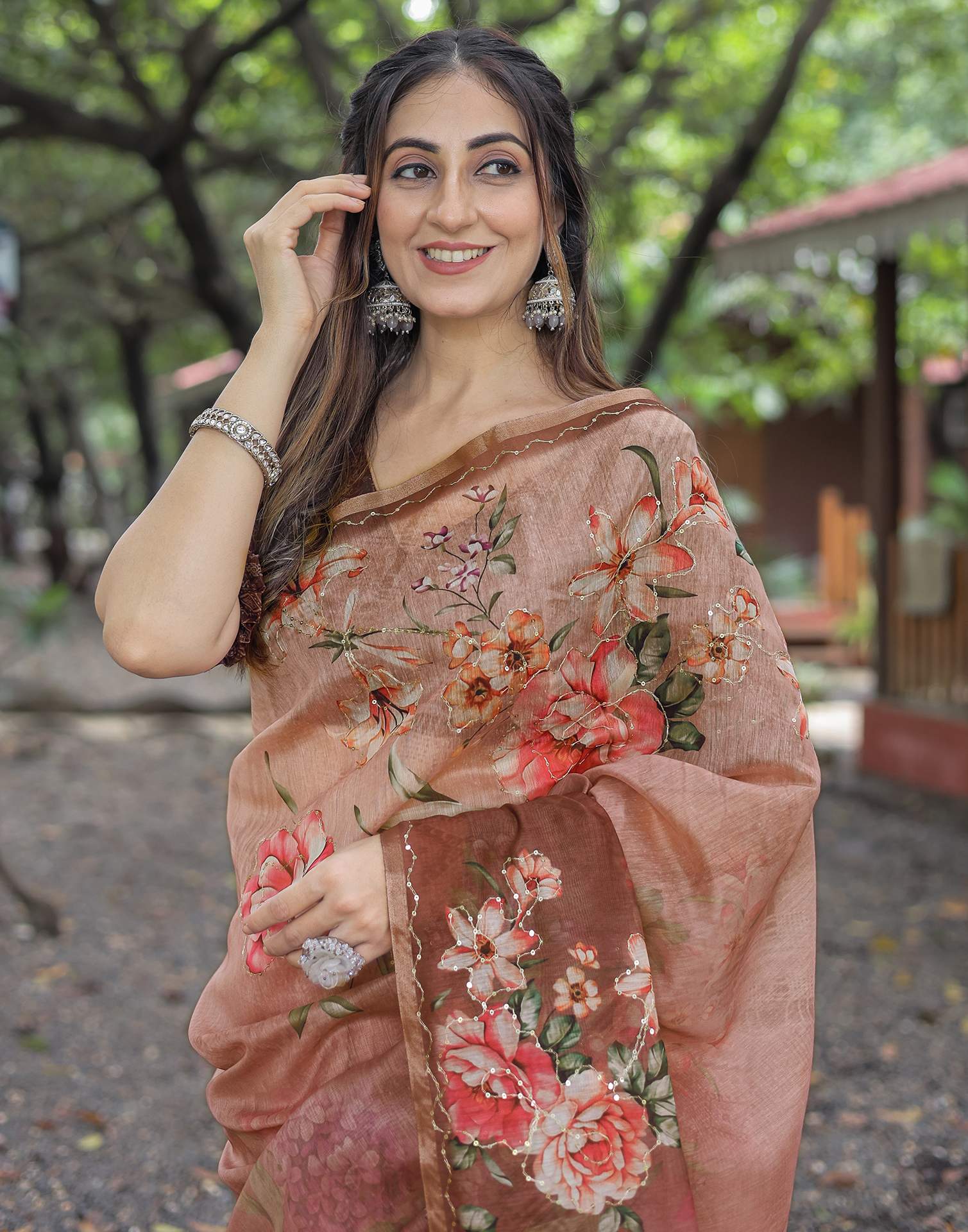 Brown Cotton Floral Printed Saree