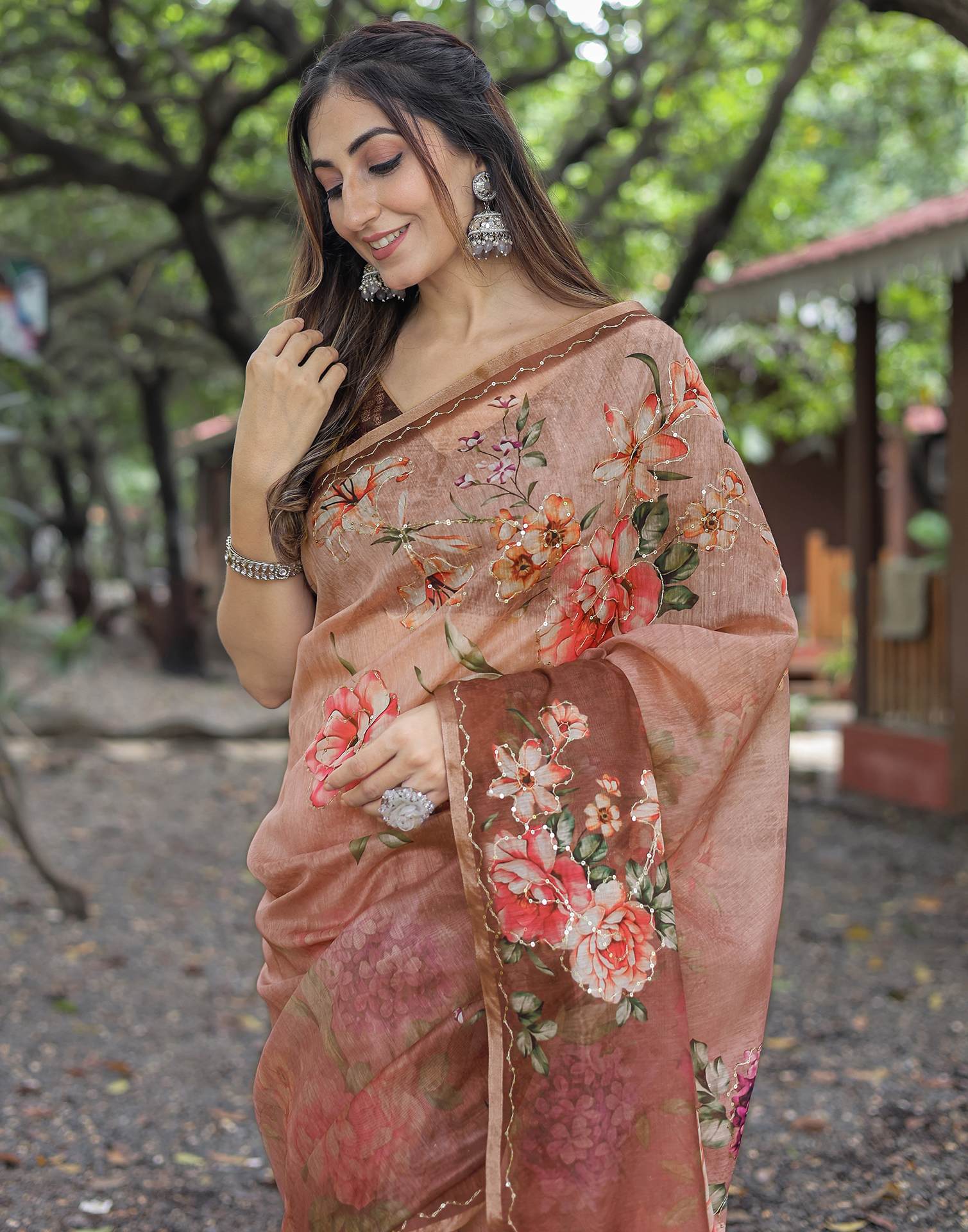 Brown Cotton Floral Printed Saree
