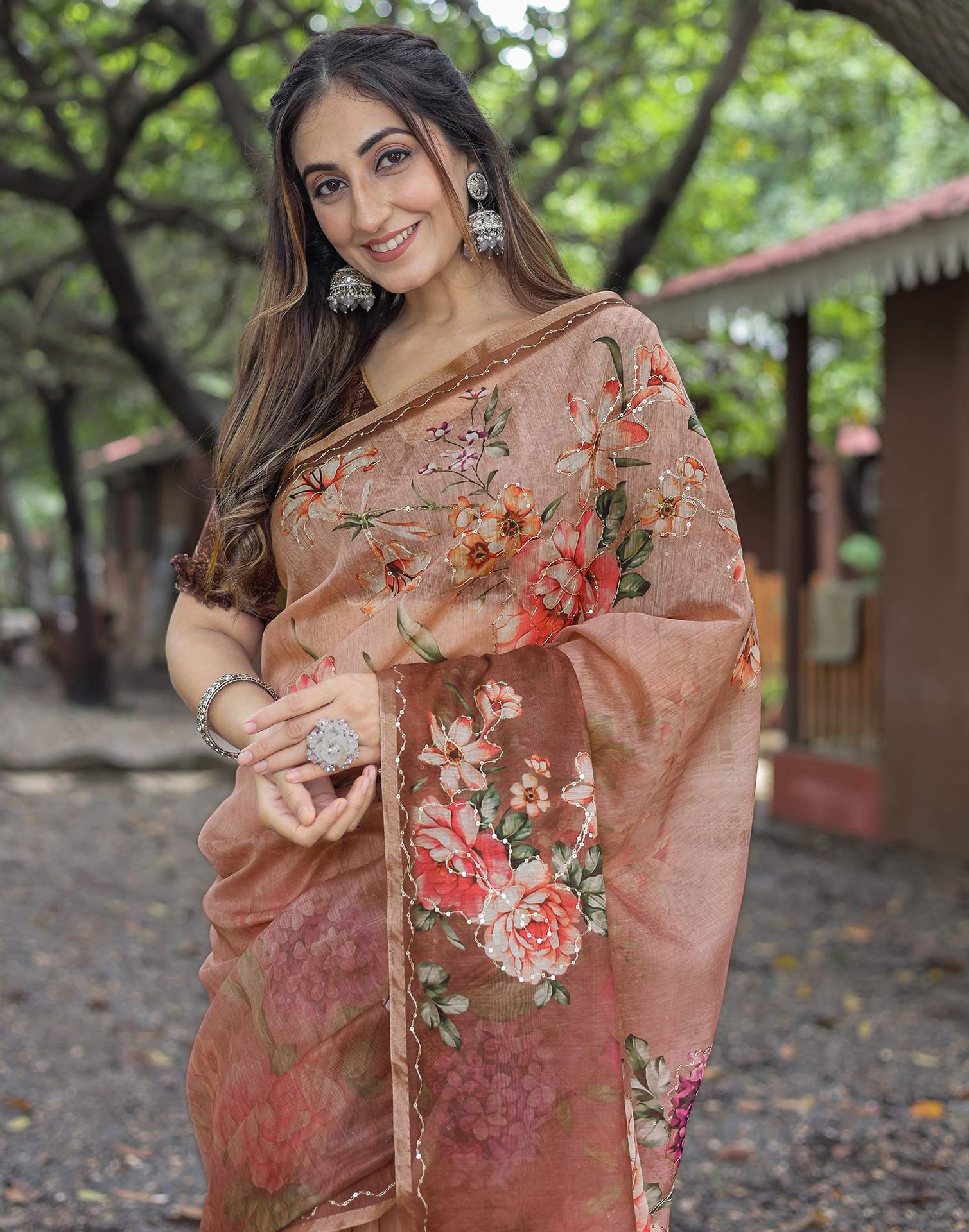 Brown Cotton Floral Printed Saree
