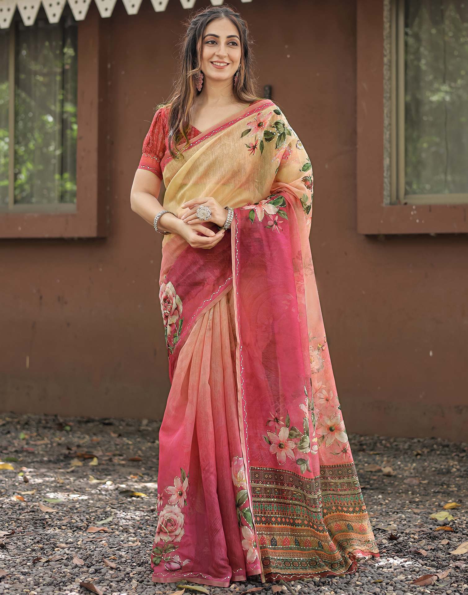 Pink Cotton Floral Printed Saree