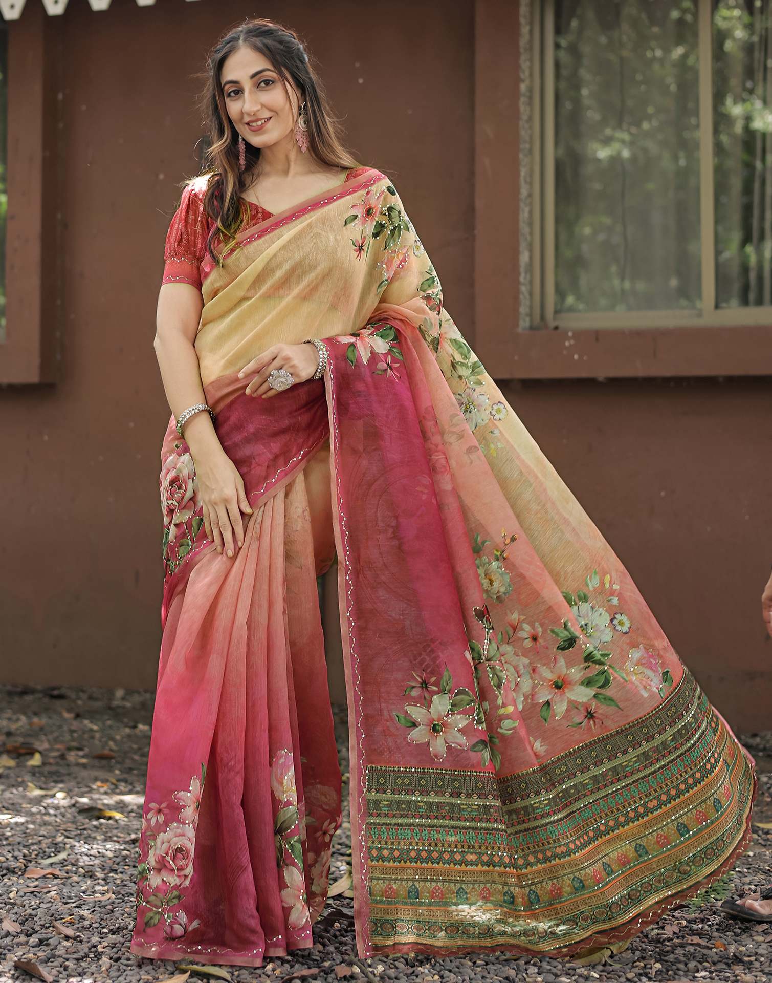 Pink Cotton Floral Printed Saree