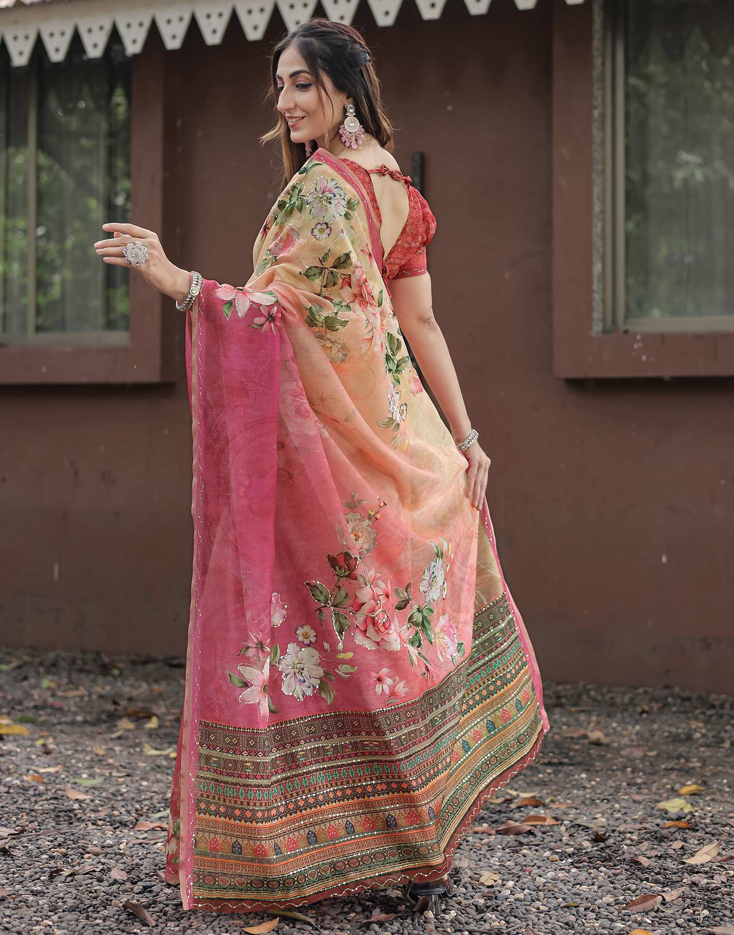 Pink Cotton Floral Printed Saree