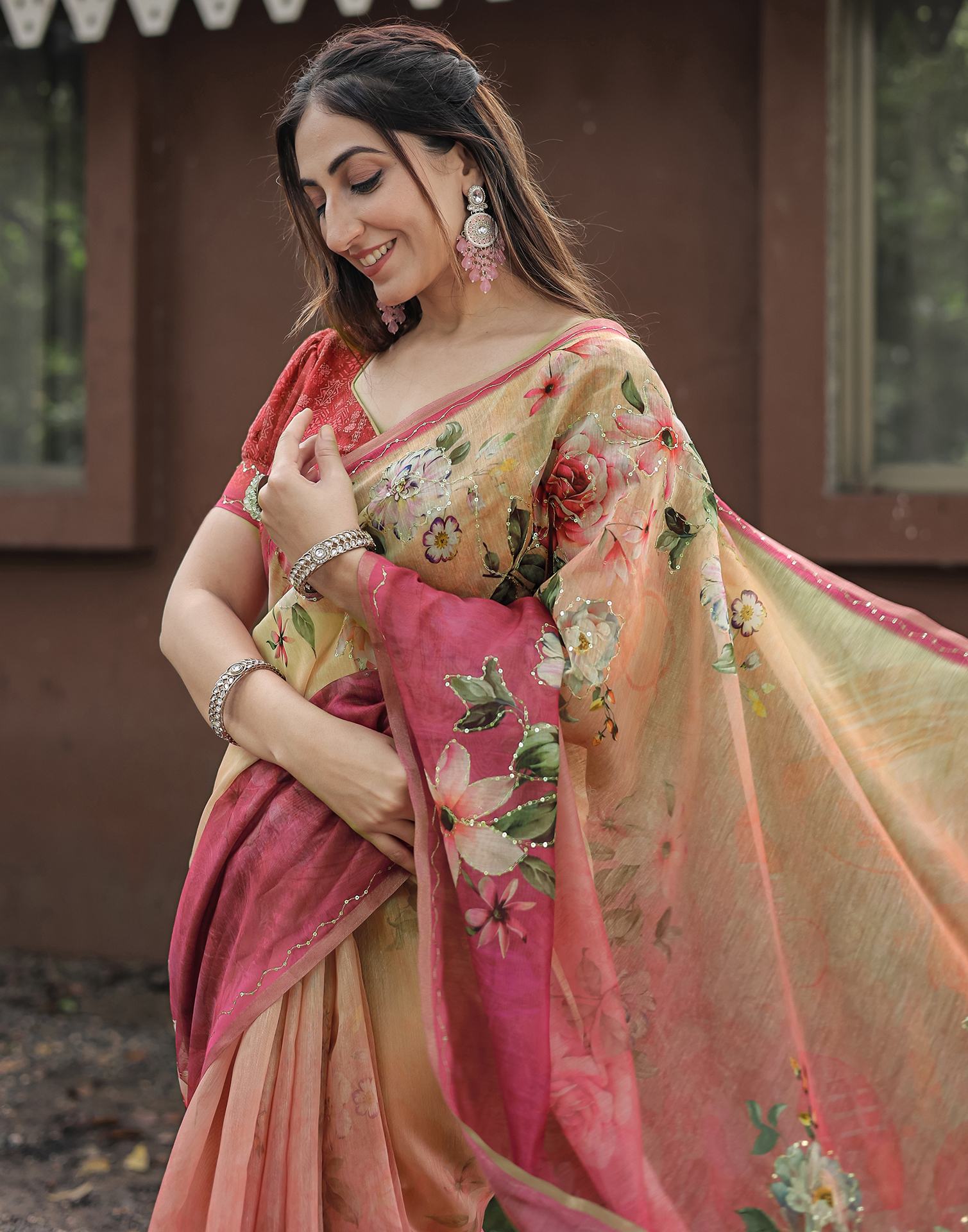 Pink Cotton Floral Printed Saree