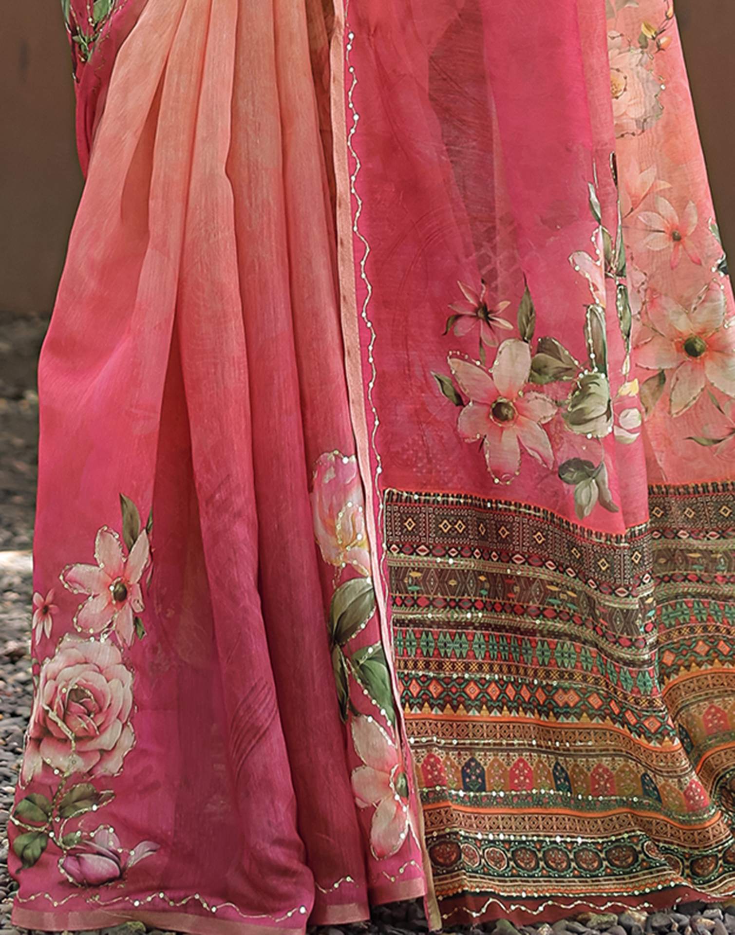 Pink Cotton Floral Printed Saree