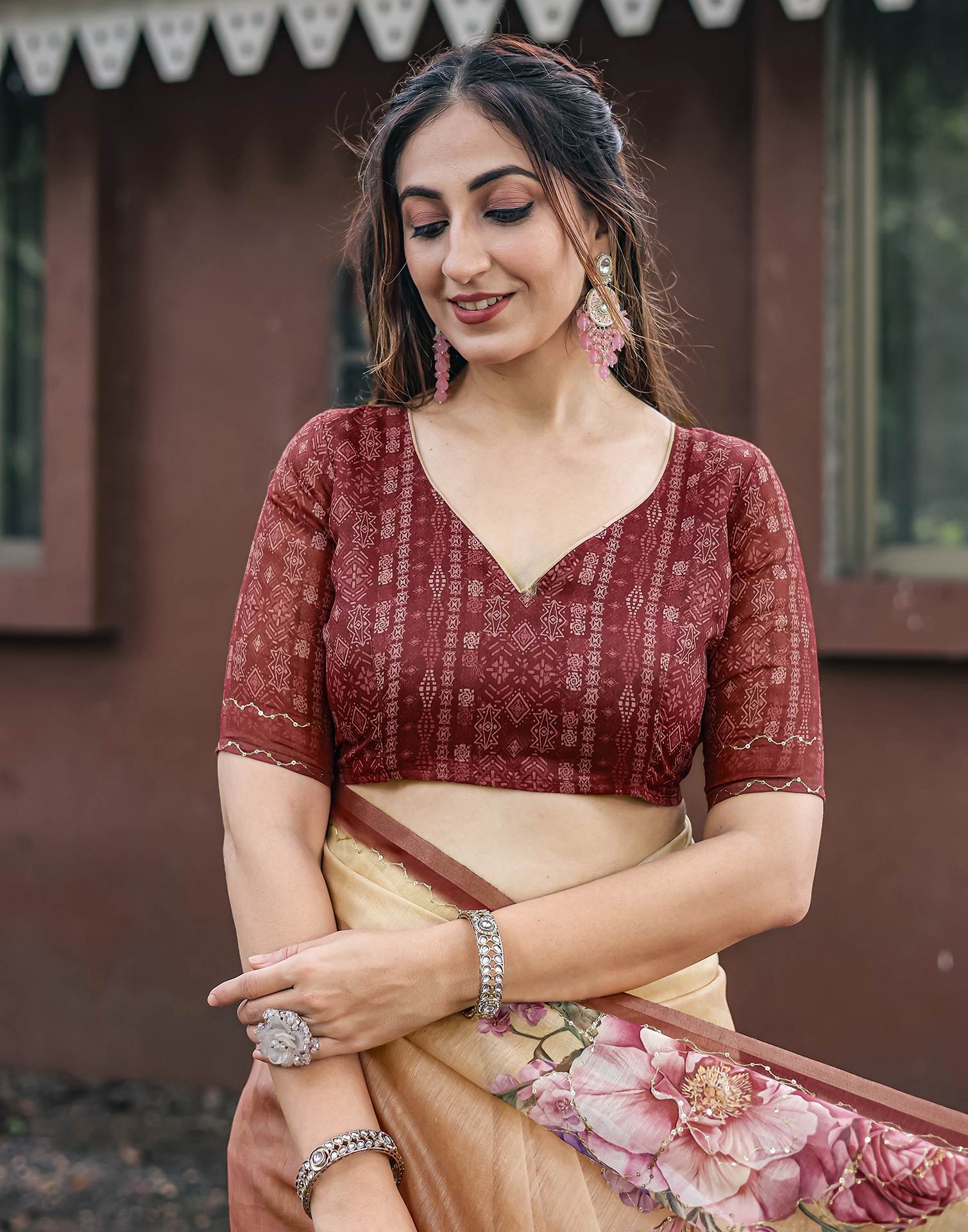 Peach Cotton Floral Printed Saree