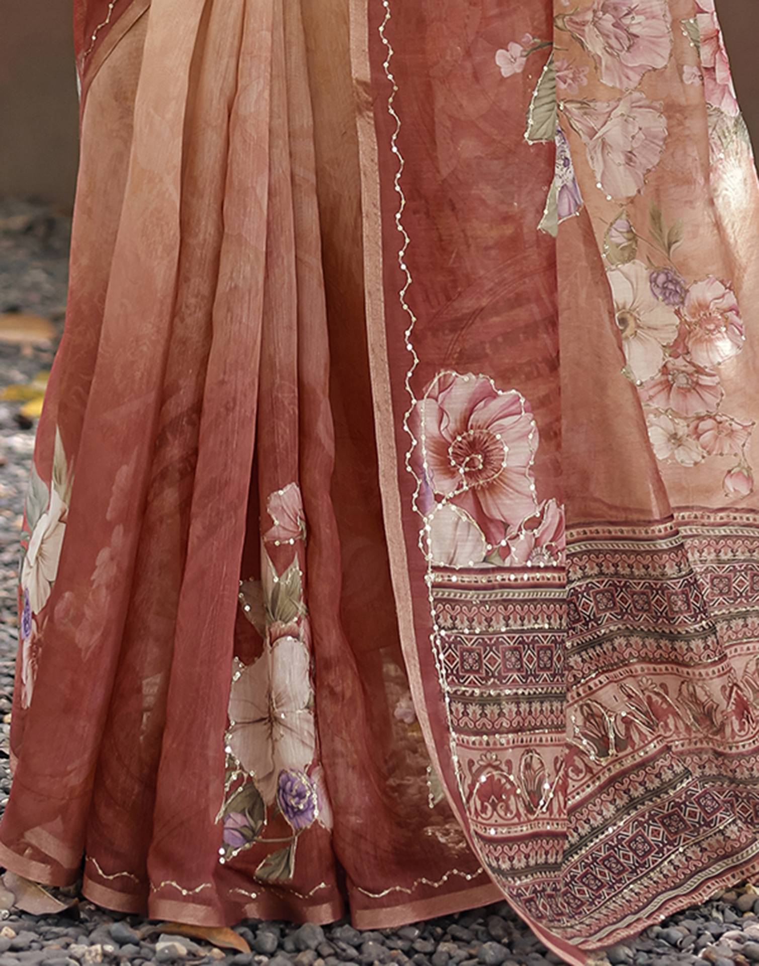 Peach Cotton Floral Printed Saree
