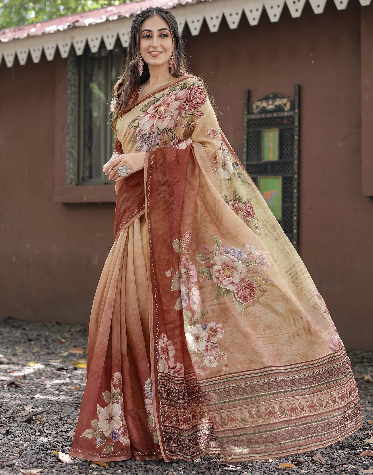 Peach Cotton Floral Printed Saree