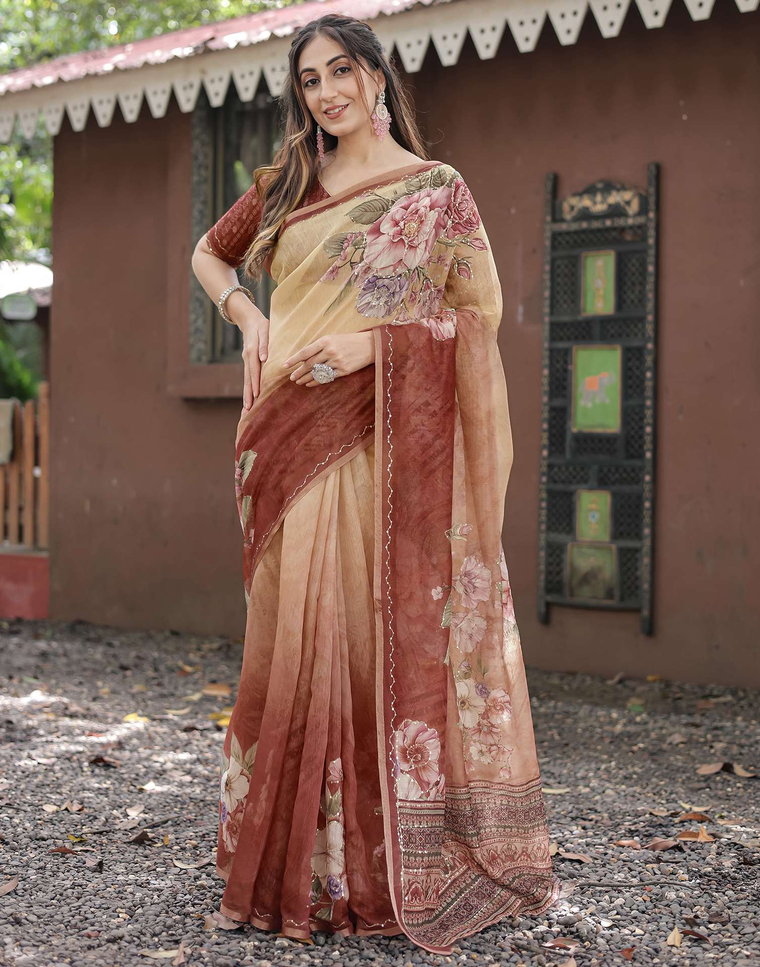 Peach Cotton Floral Printed Saree
