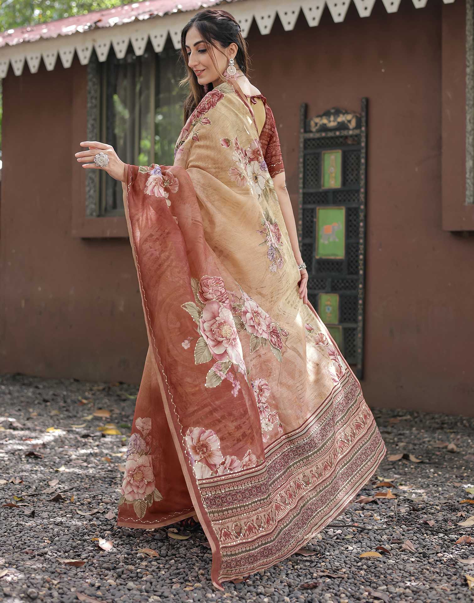 Peach Cotton Floral Printed Saree