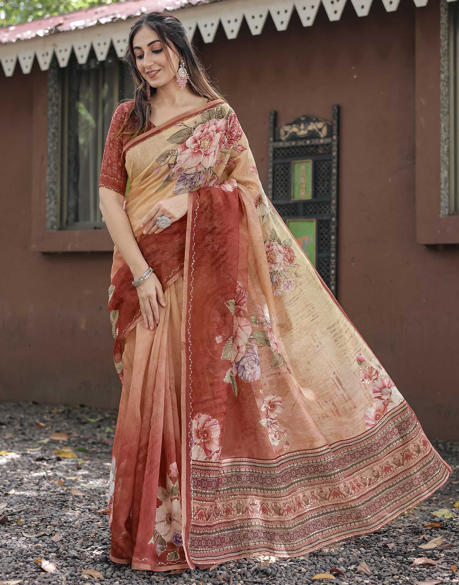 Peach Cotton Floral Printed Saree