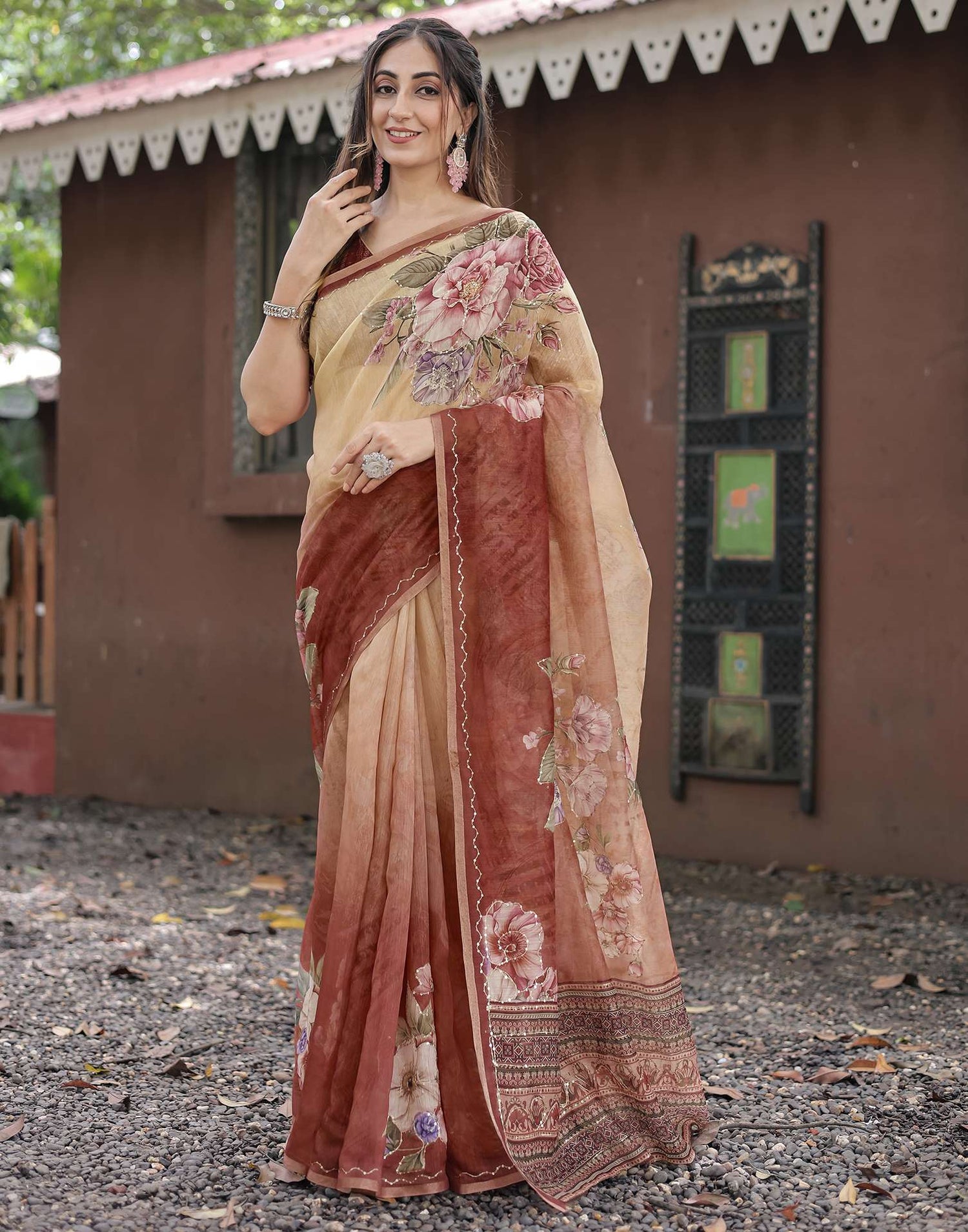 Peach Cotton Floral Printed Saree