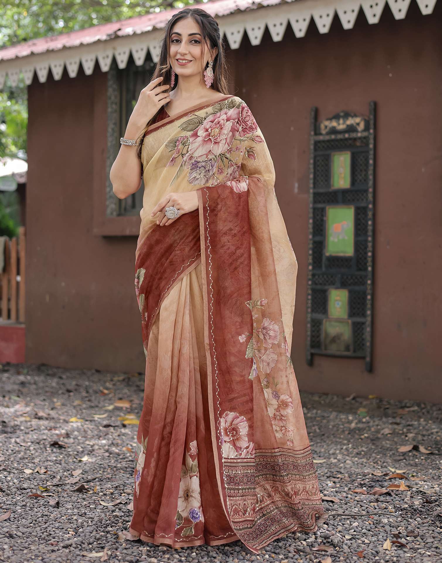 Peach Cotton Floral Printed Saree