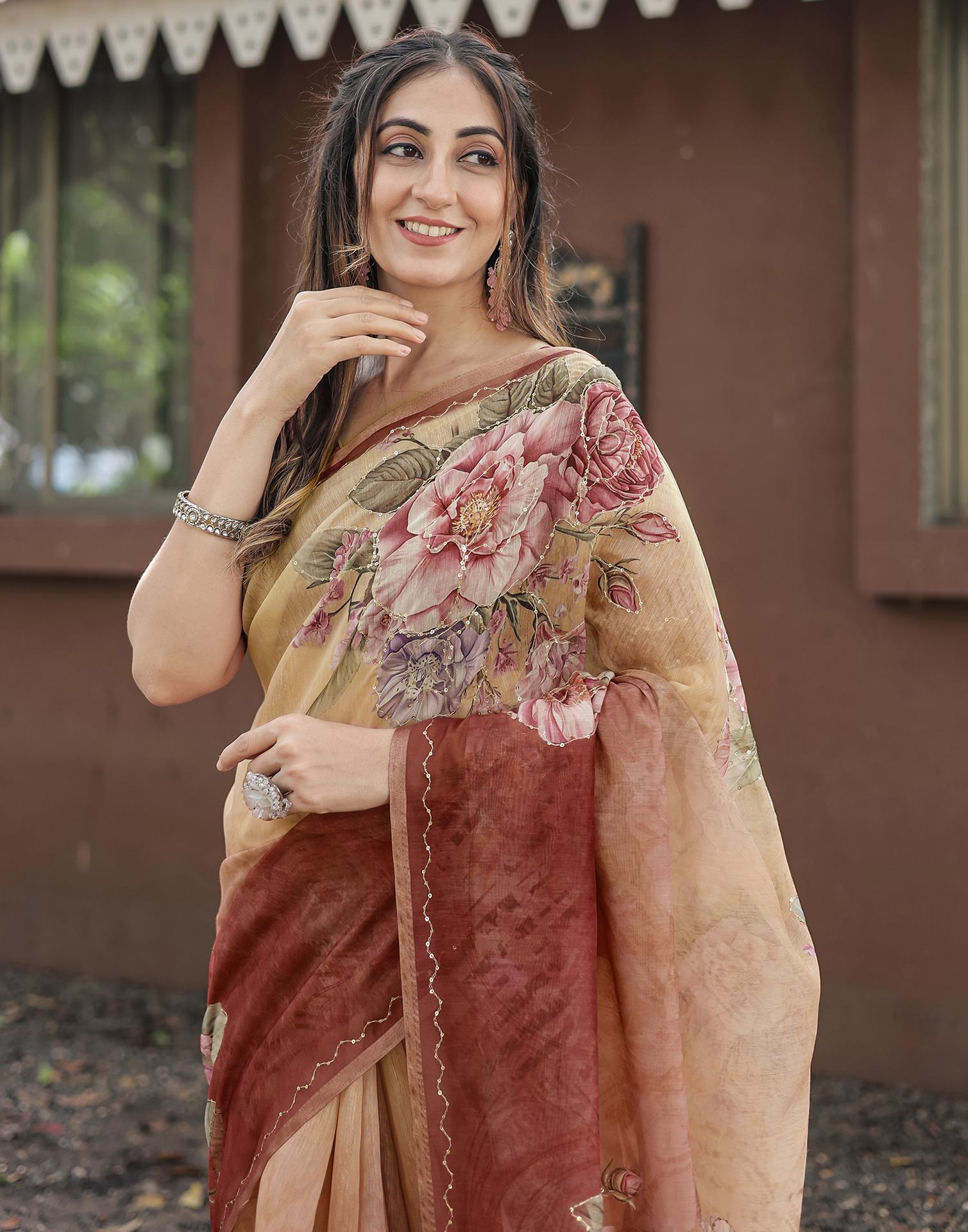 Peach Cotton Floral Printed Saree