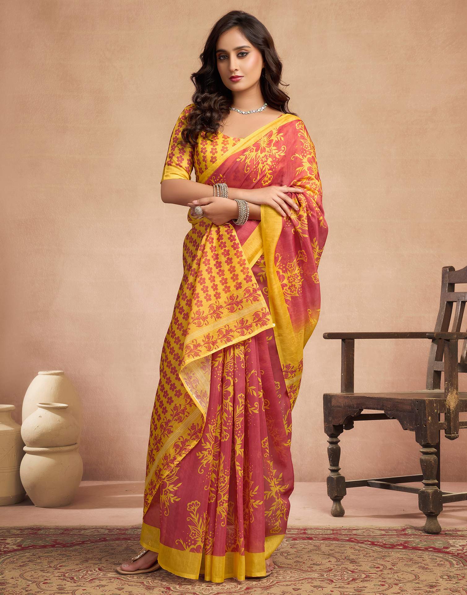 Dusty Orange Chanderi Cotton Floral Printed Saree