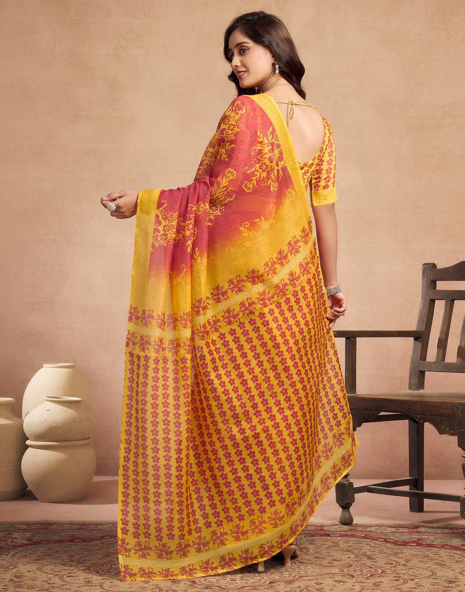 Dusty Orange Chanderi Cotton Floral Printed Saree