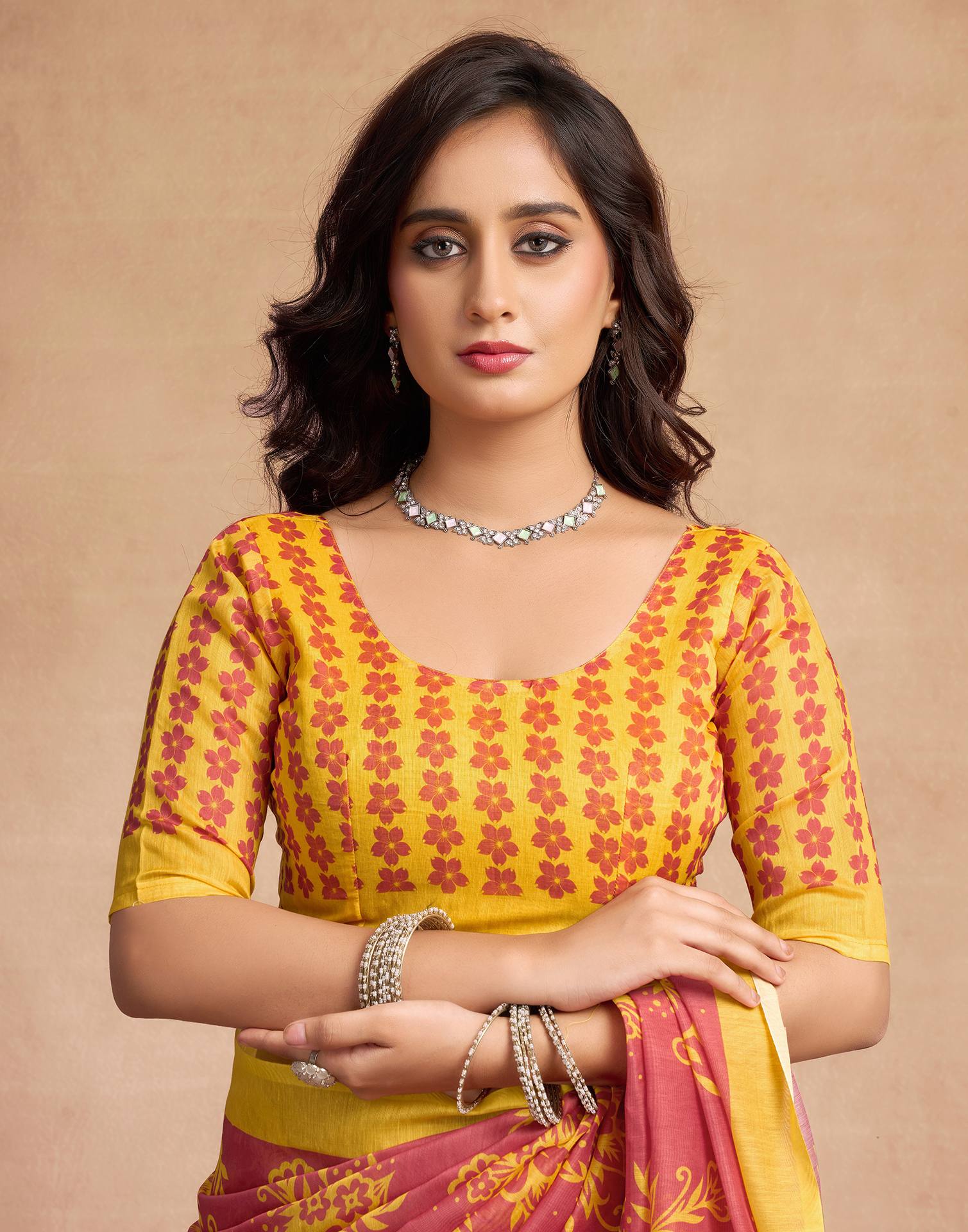 Dusty Orange Chanderi Cotton Floral Printed Saree
