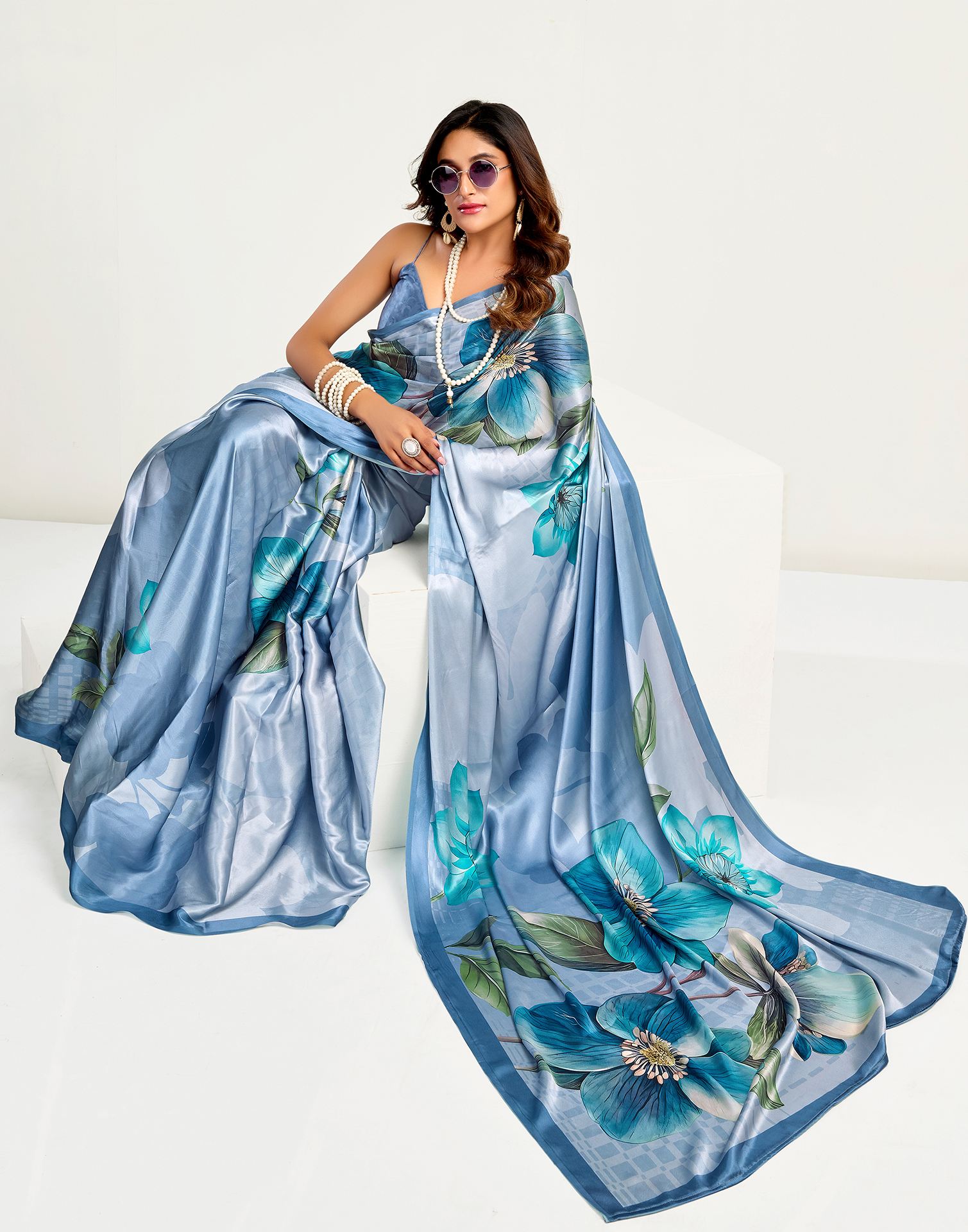 Dusty Light Blue Satin Floral Printed Saree