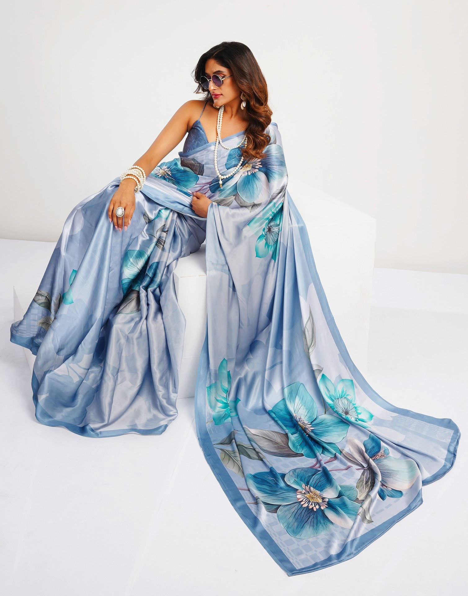 Dusty Light Blue Satin Floral Printed Saree