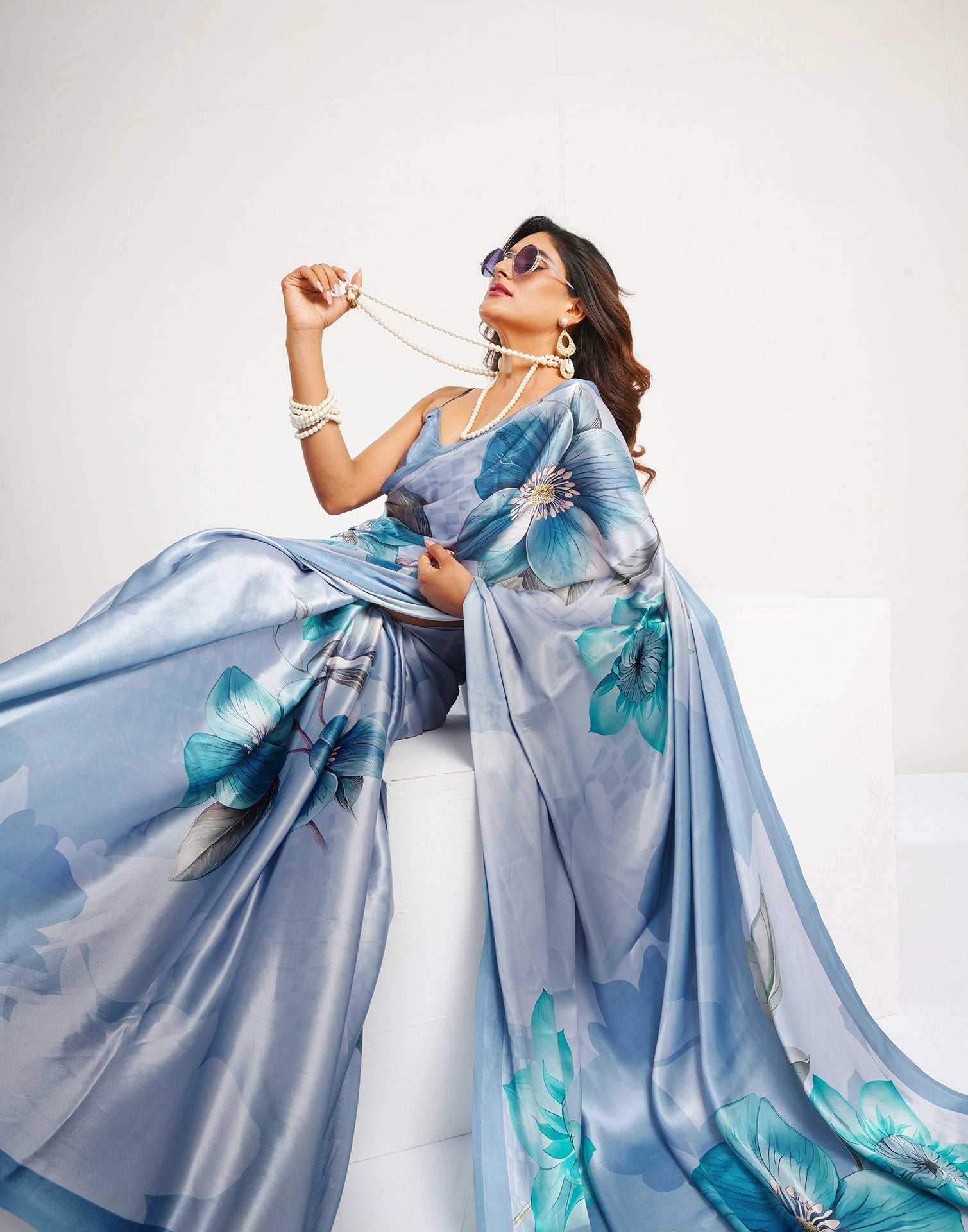 Dusty Light Blue Satin Floral Printed Saree