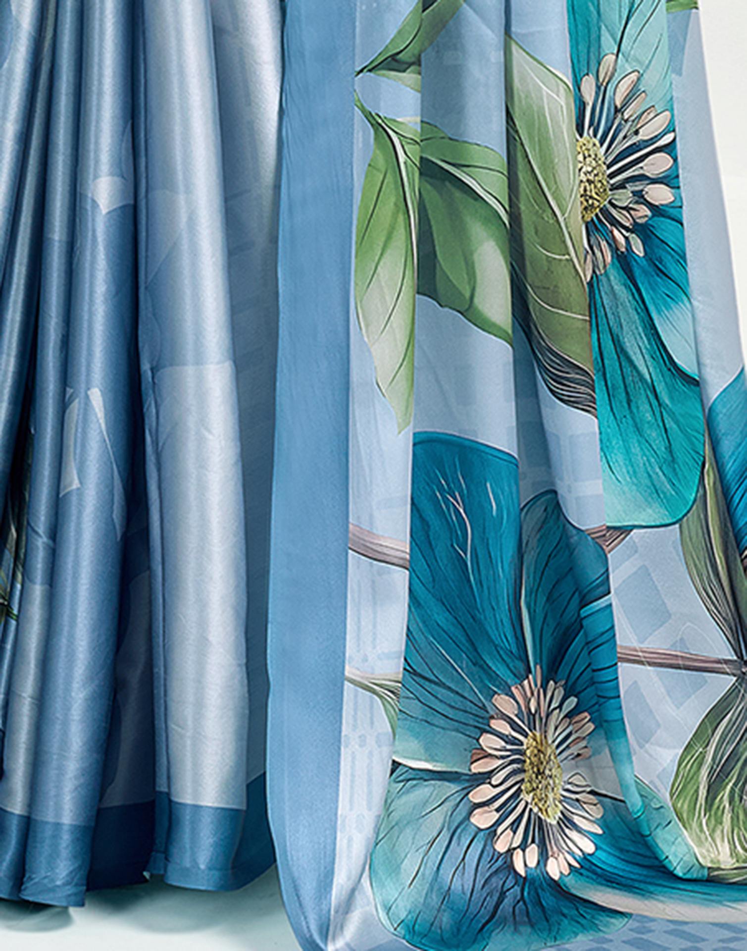 Dusty Light Blue Satin Floral Printed Saree