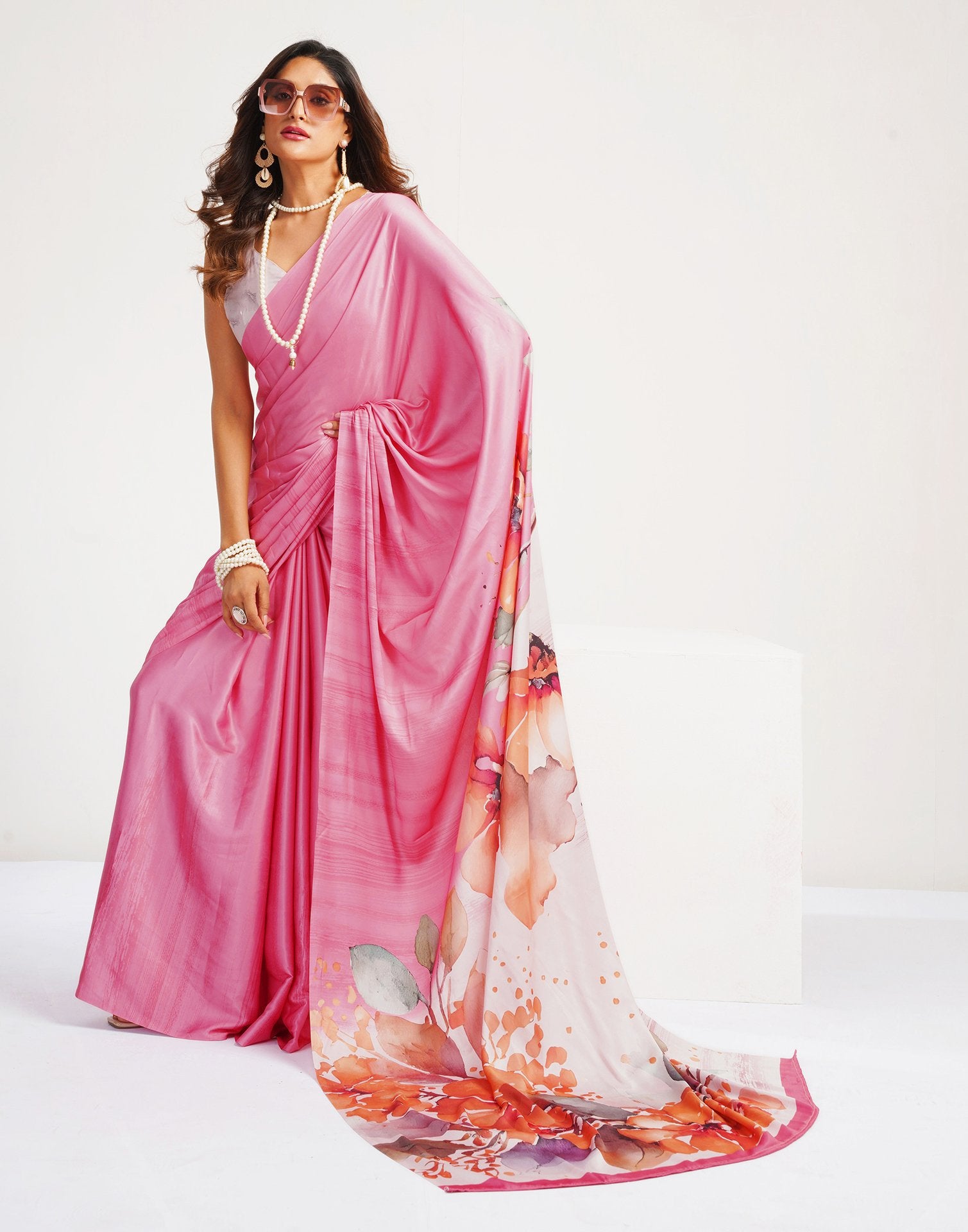 Pink Satin Floral Printed Saree
