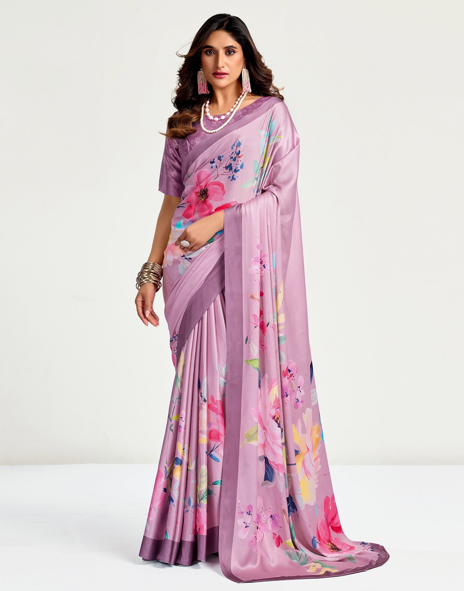 Light Pink Satin Floral Printed Saree