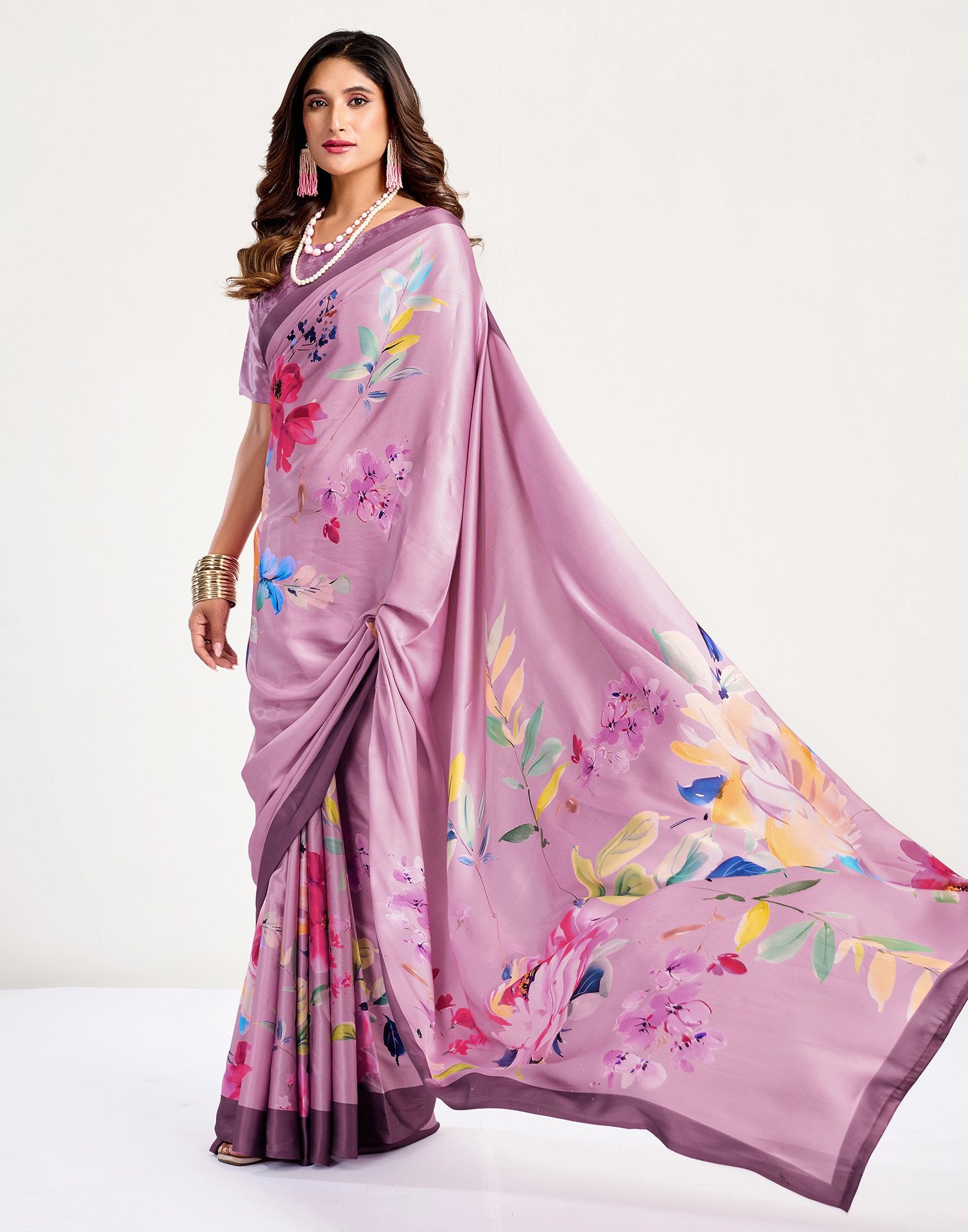 Light Pink Satin Floral Printed Saree