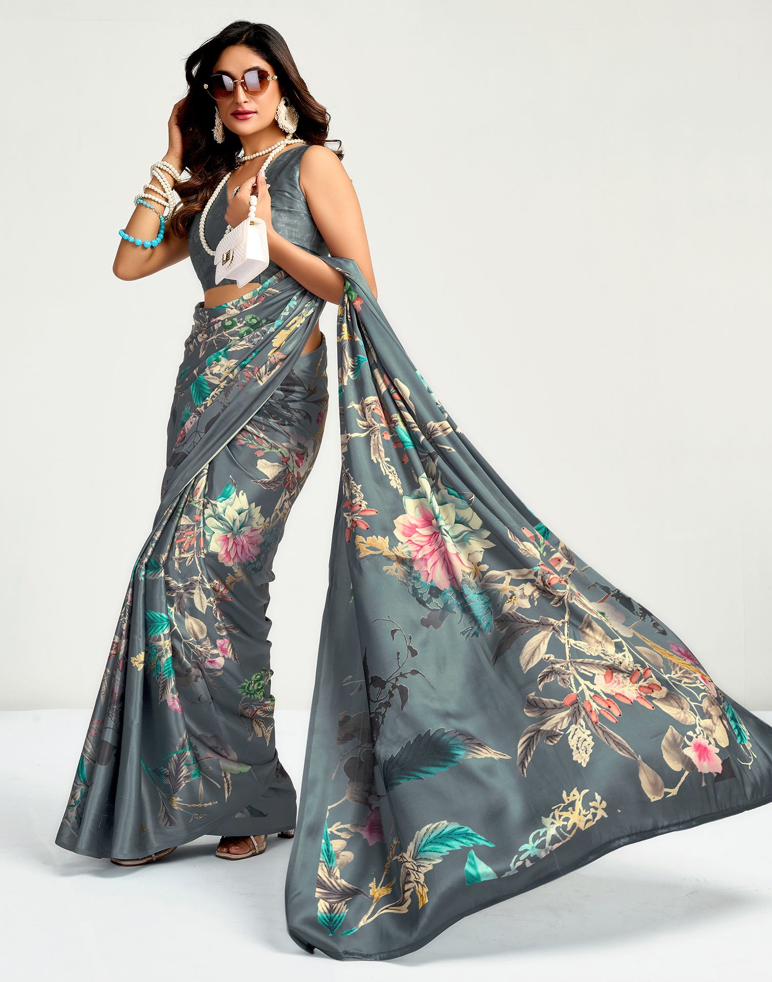 Grey Satin Floral Printed Saree
