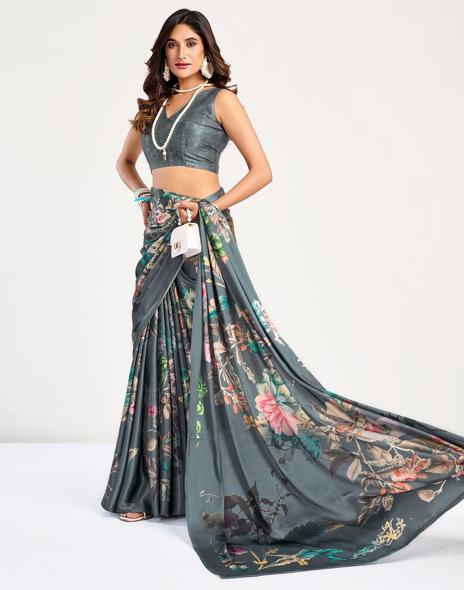 Grey Satin Floral Printed Saree