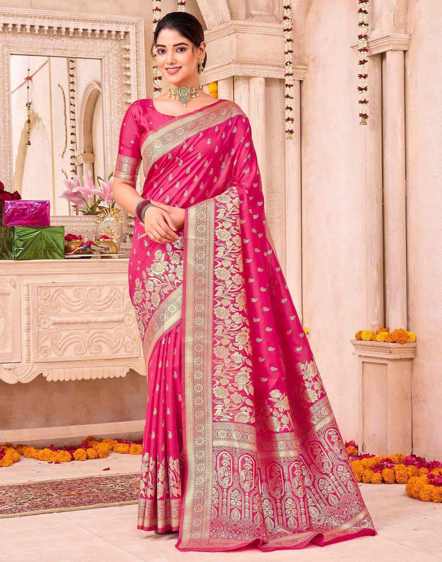 Rani Pink Silk Woven Saree