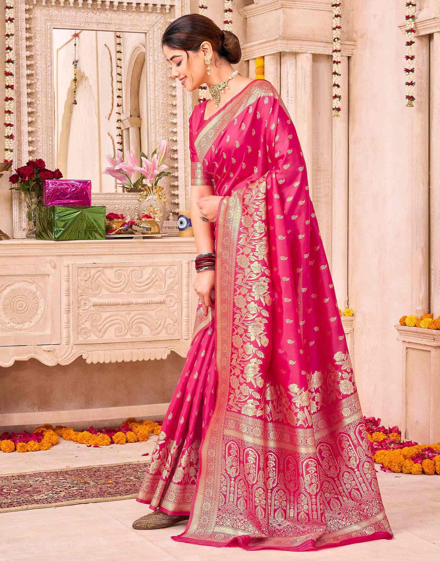 Rani Pink Silk Woven Saree