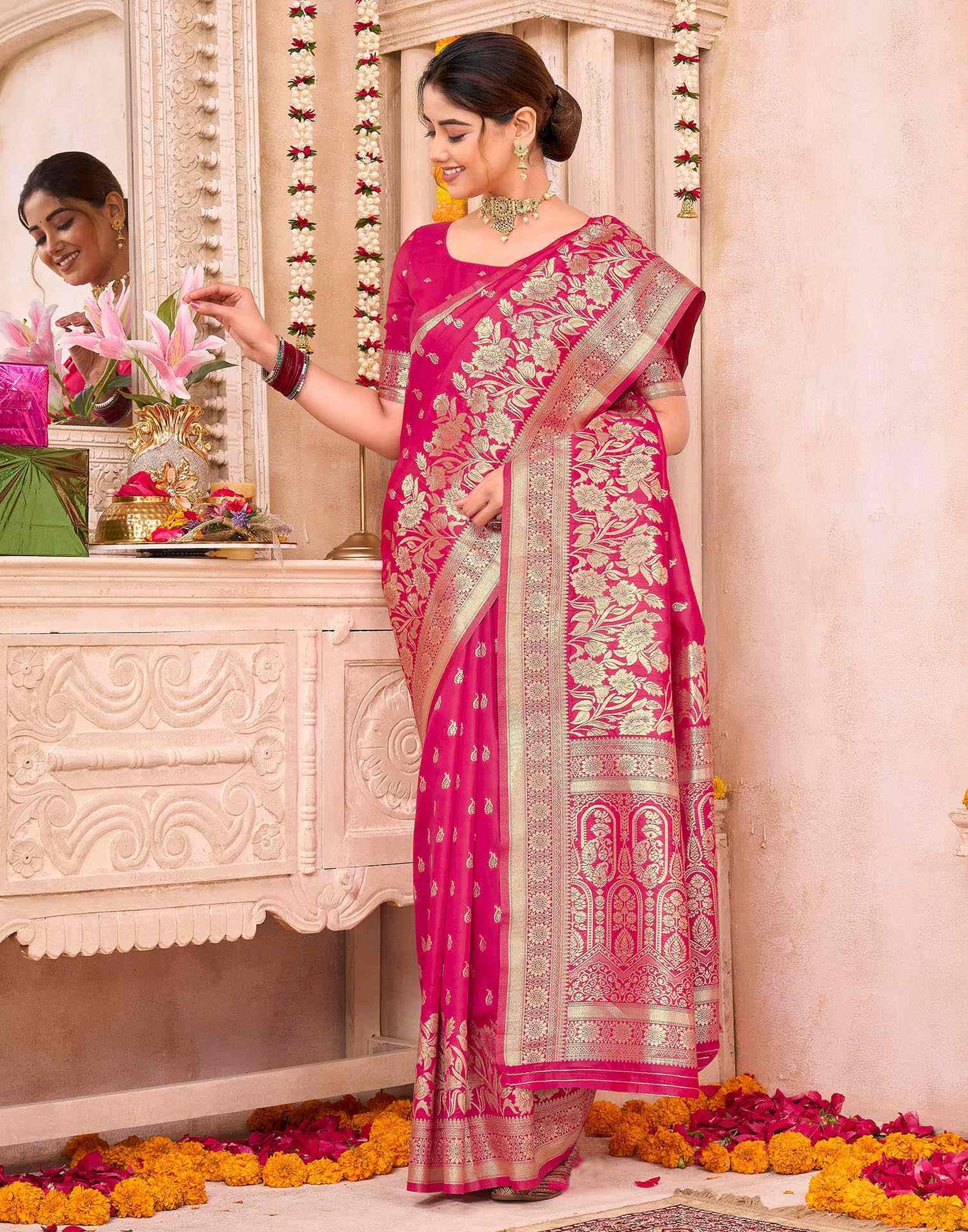 Rani Pink Silk Woven Saree