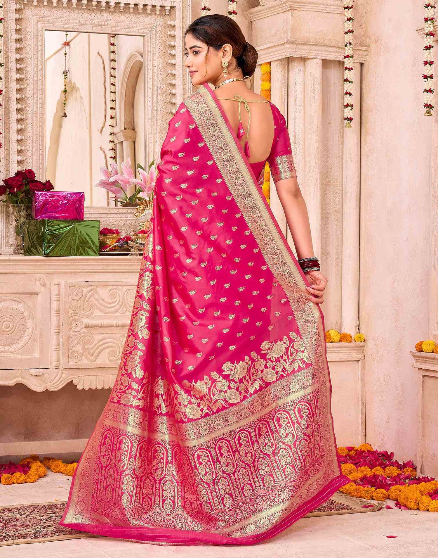 Rani Pink Silk Woven Saree