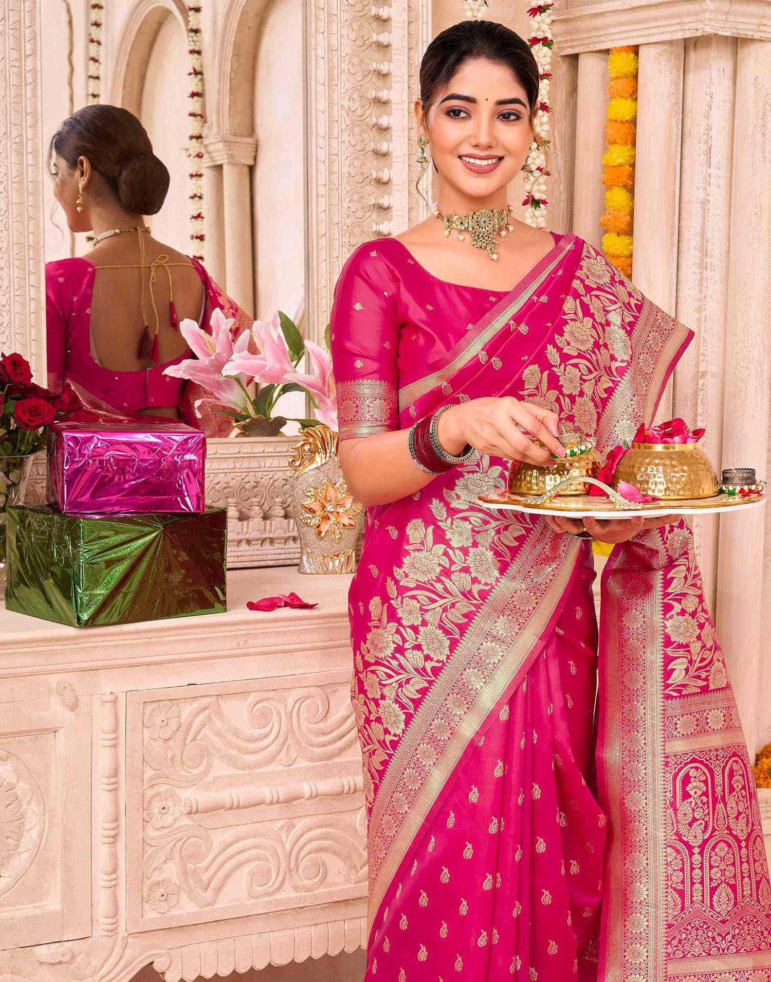 Rani Pink Silk Woven Saree