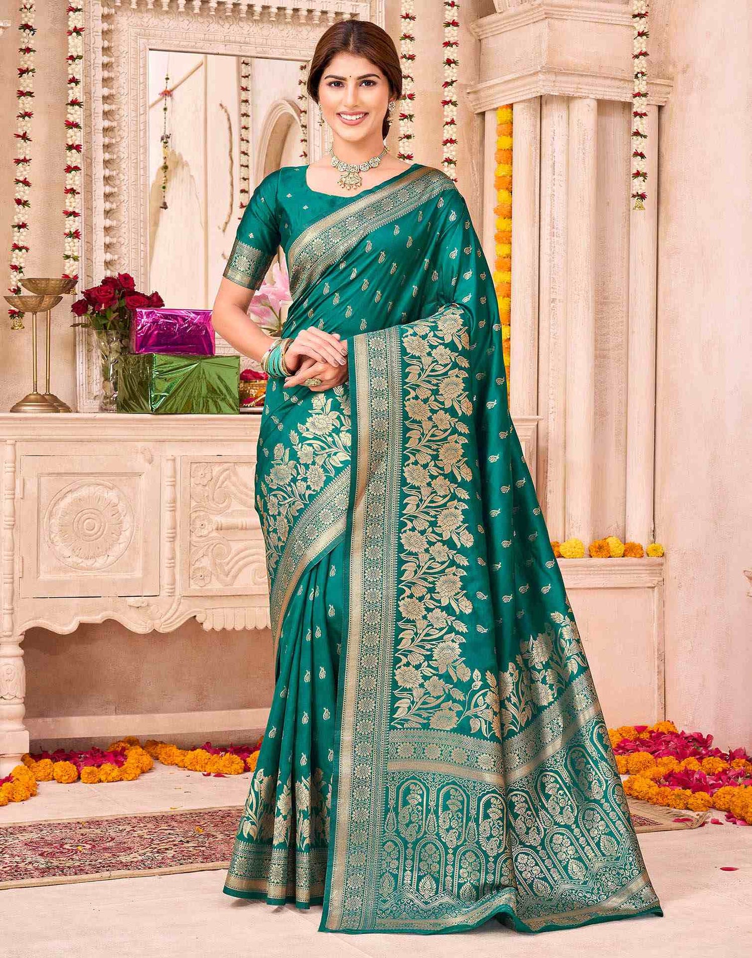 Teal Green Silk Woven Saree