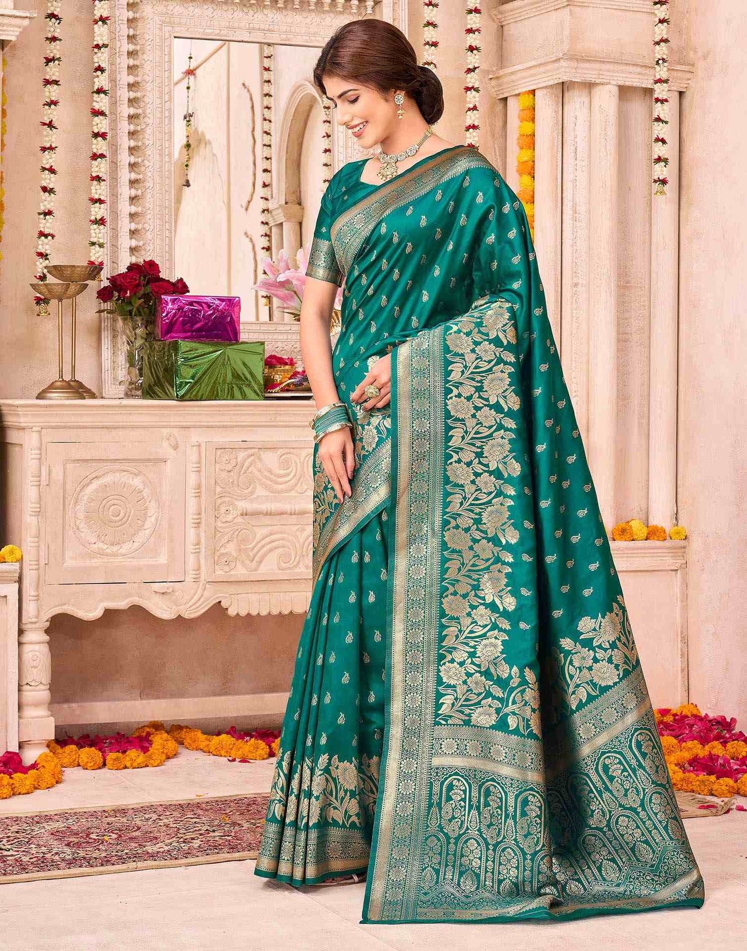 Teal Green Silk Woven Saree
