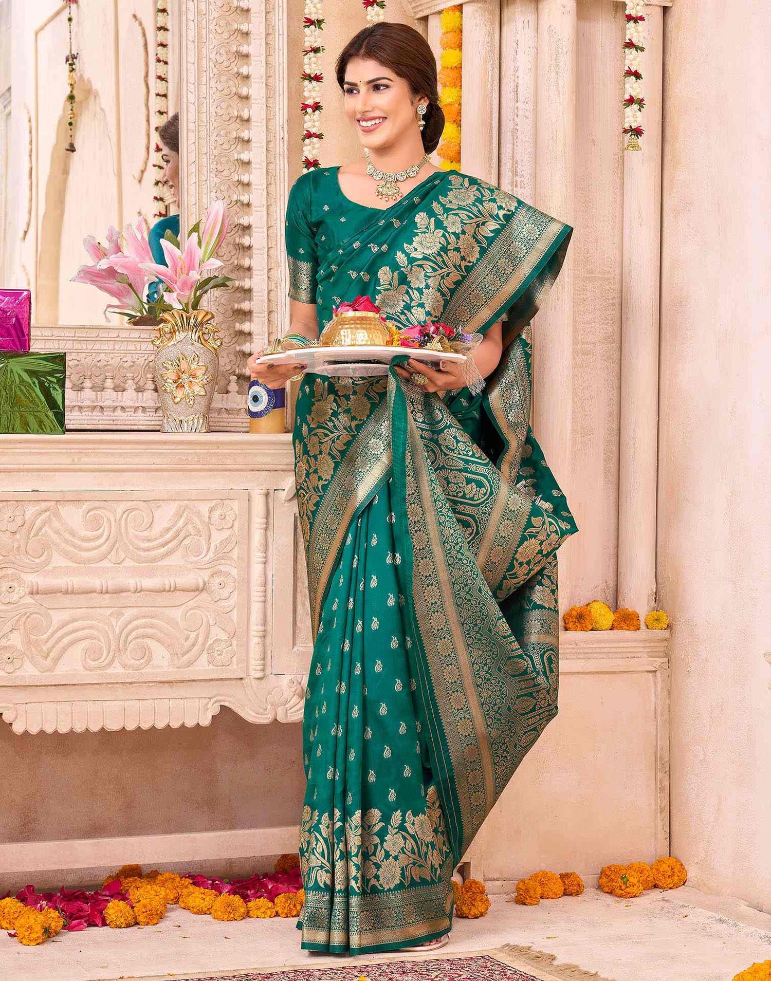 Teal Green Silk Woven Saree