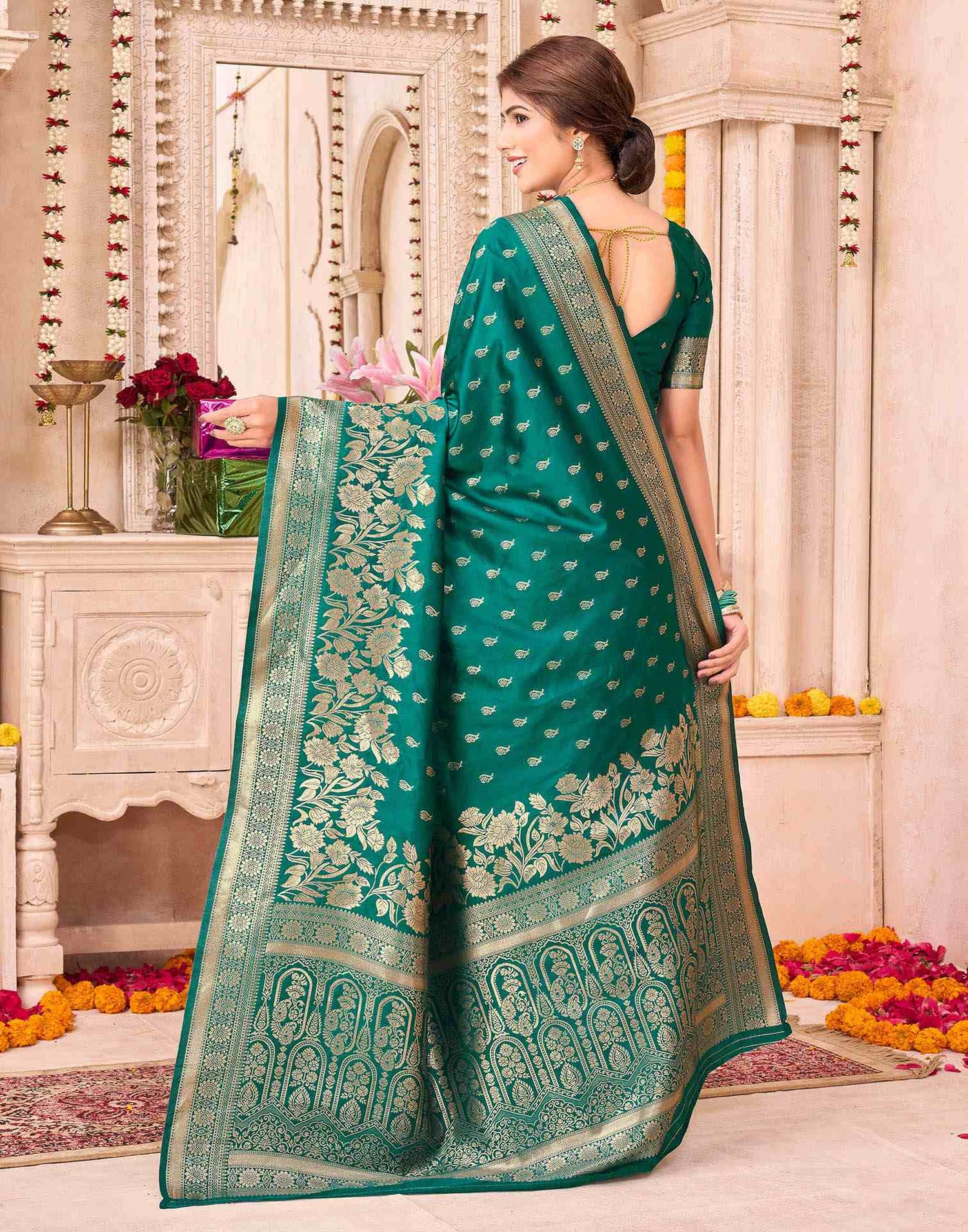 Teal Green Silk Woven Saree