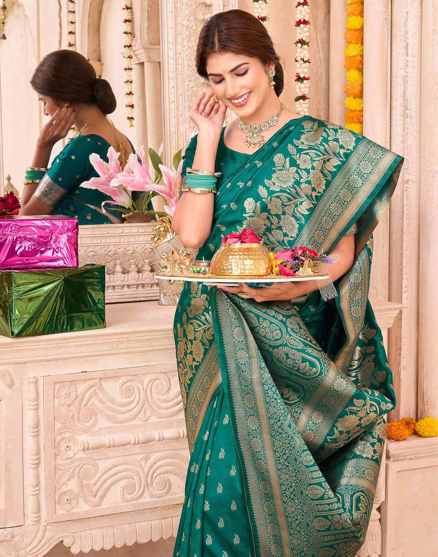 Teal Green Silk Woven Saree